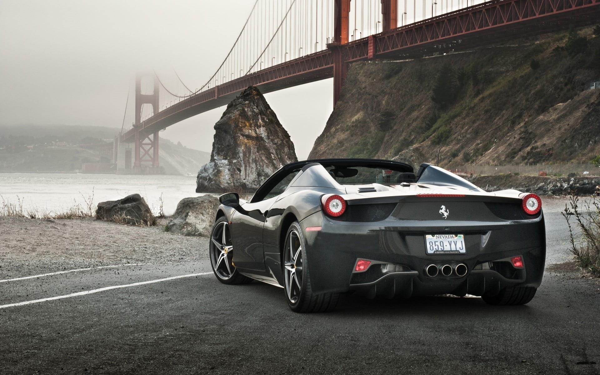 water, bay, sports, no people, black, Ferrari 458 Spider, day, road, suspension bridge, architecture, mountain, Golden Gate Bridge, land vehicle, motor vehicle, HD Wallpaper