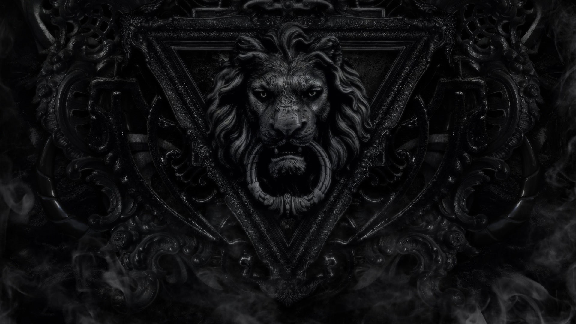 lion, gate, black and white, decoration, door, 1080P, knocker, black, door knocker, HD Wallpaper