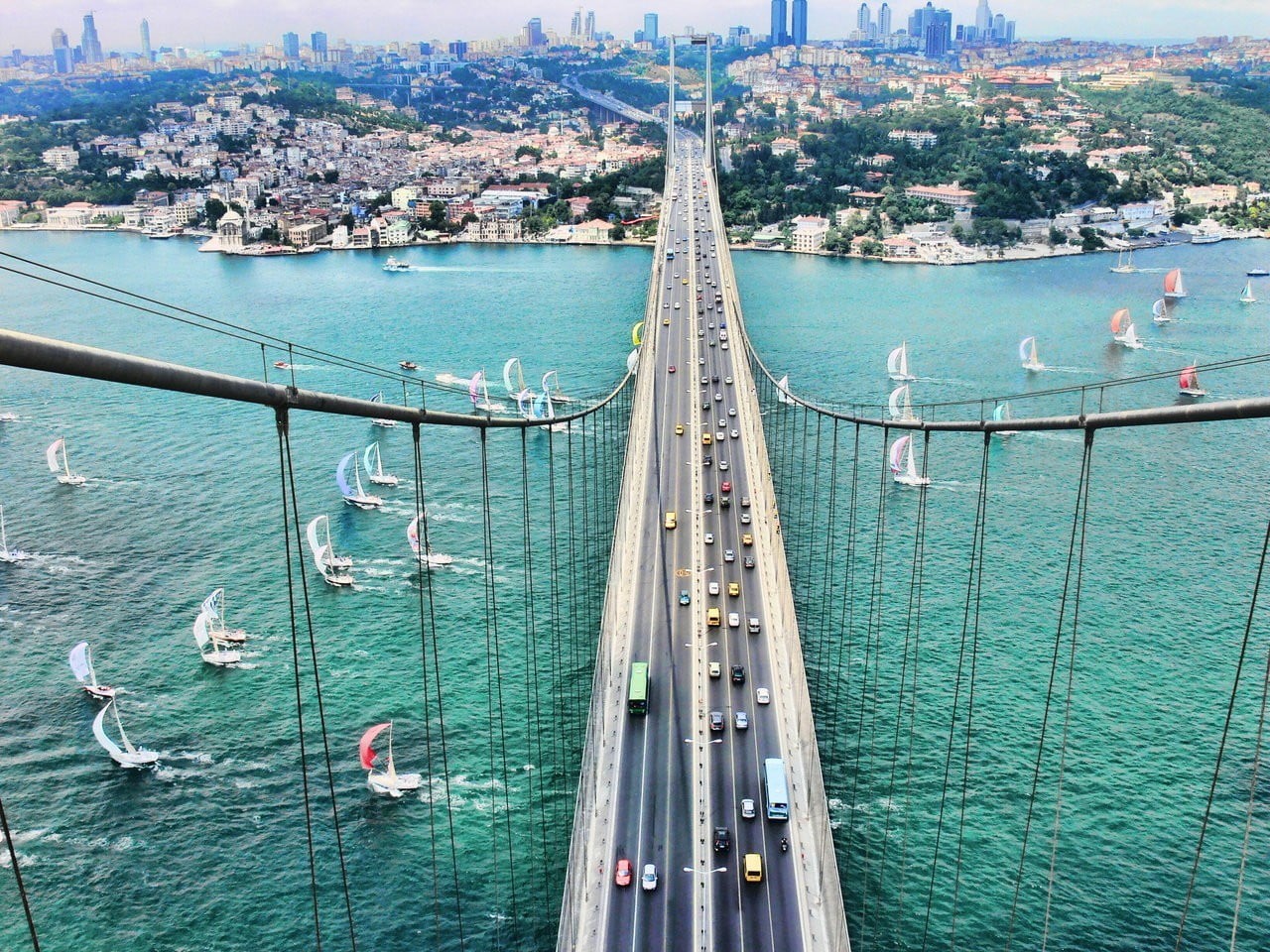 travel, yacht, luxury, travel destinations, outdoors, Bosphorus, building exterior, bridge, cityscape, built structure, aerial, day, transportation, architecture, HD Wallpaper