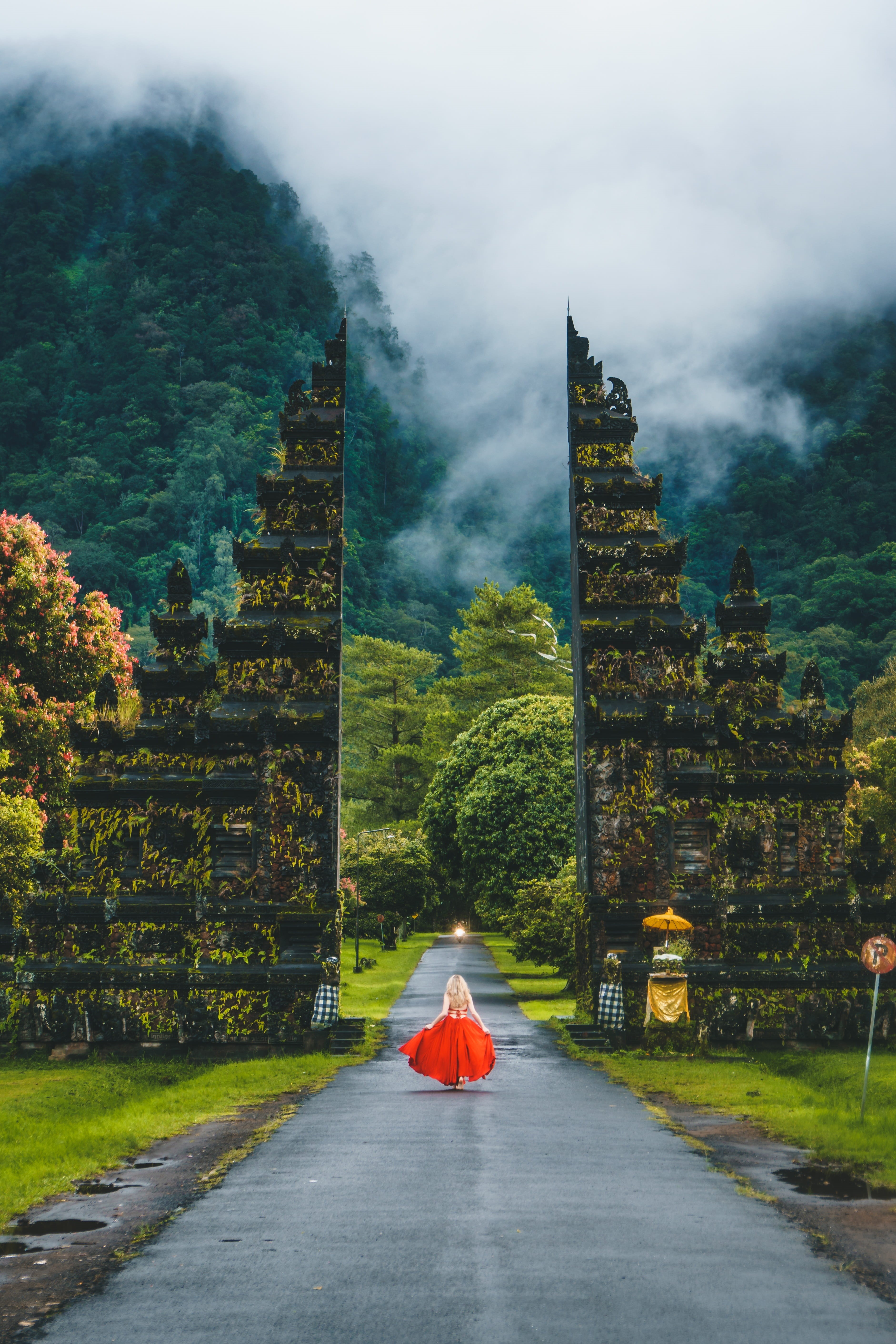 cloud - sky, built structure, red dress, girl, history, trip, young, landscape, woman, bali, building, explorer, direction, belief, discovery, tourism, Phone HD Wallpaper