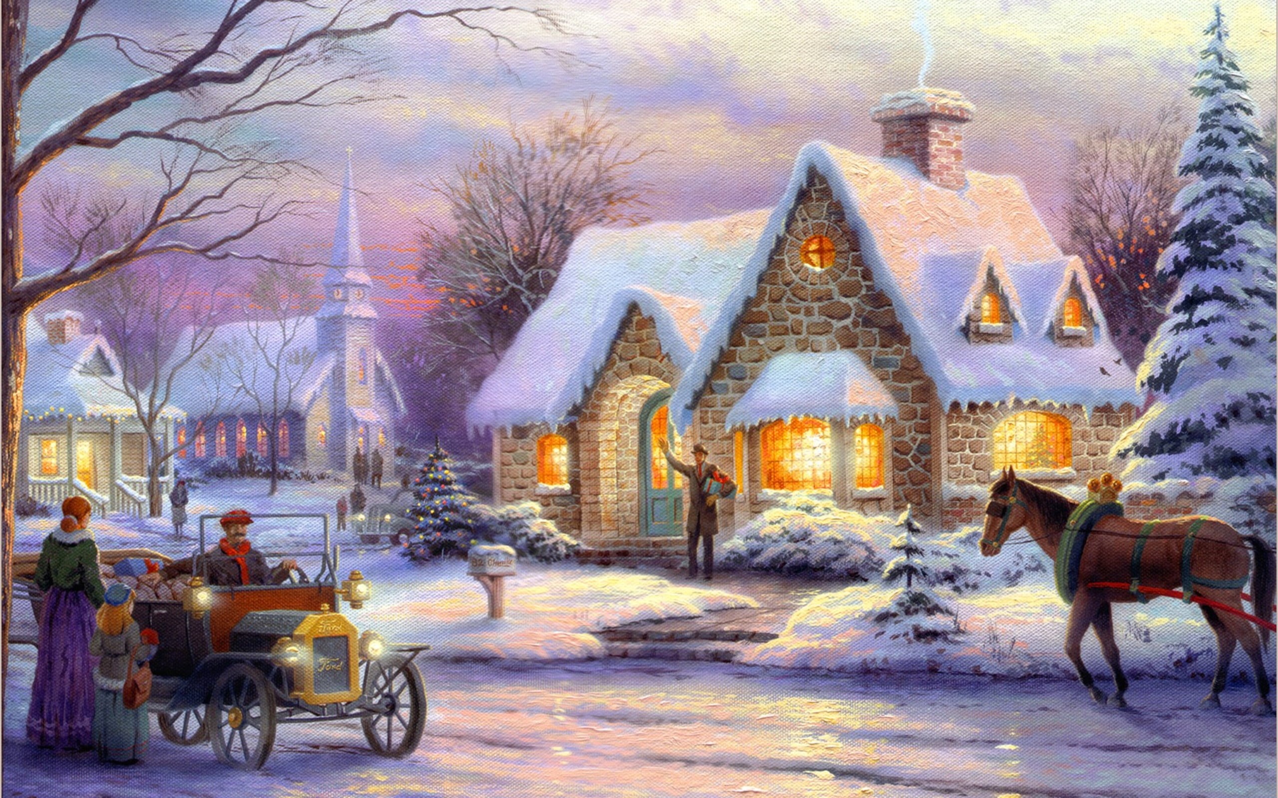 painting, people, domestic animals, street, animal themes, New Year, illuminated, animal, decoration, old, plant, town, horse, tree, pets, cottages, HD Wallpaper