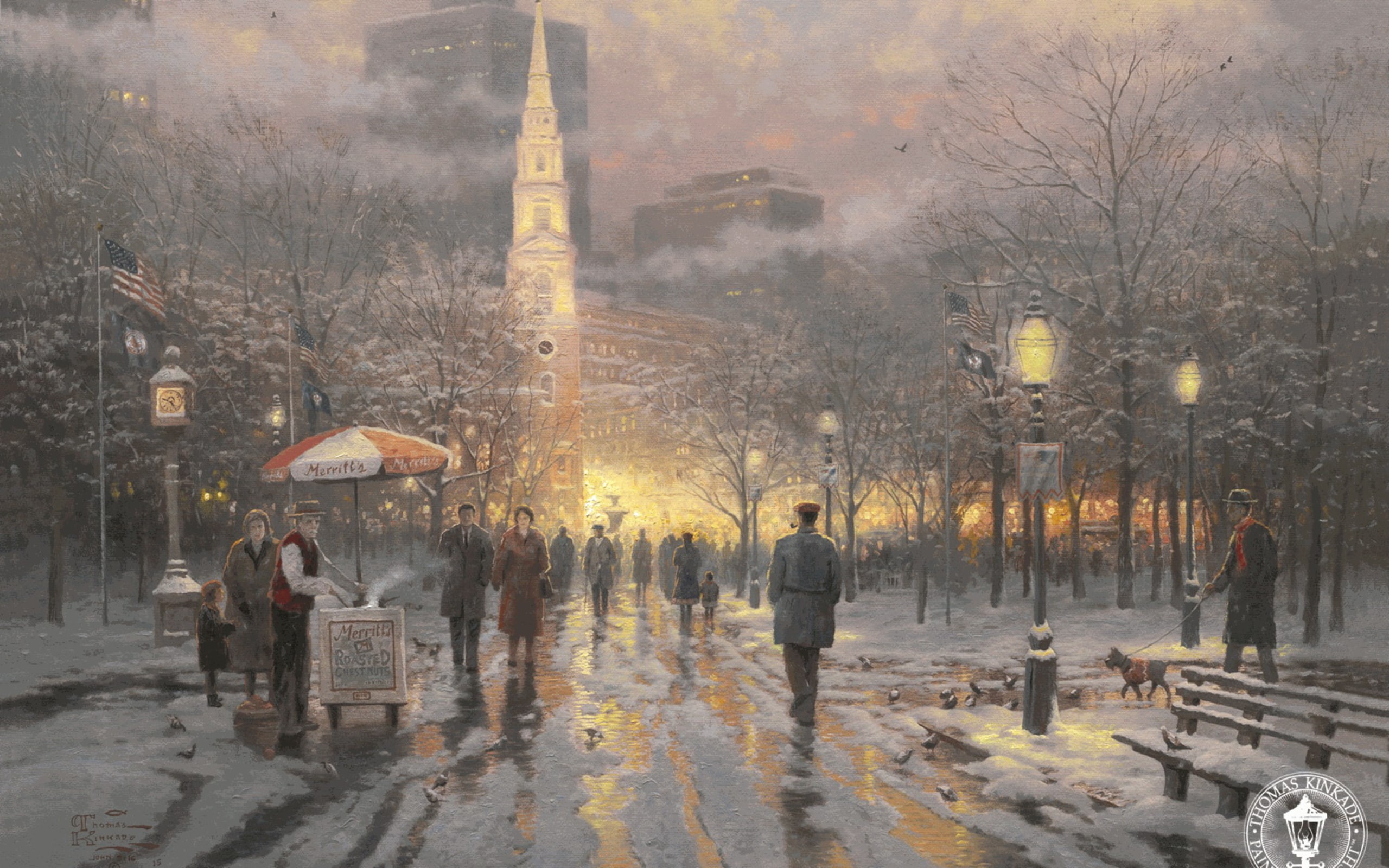 USA, art, people, Thomas Kinkade, snow, travel Destinations, bare tree, road, real people, built structure, rain, winter, city, europe, travel, lights, HD Wallpaper