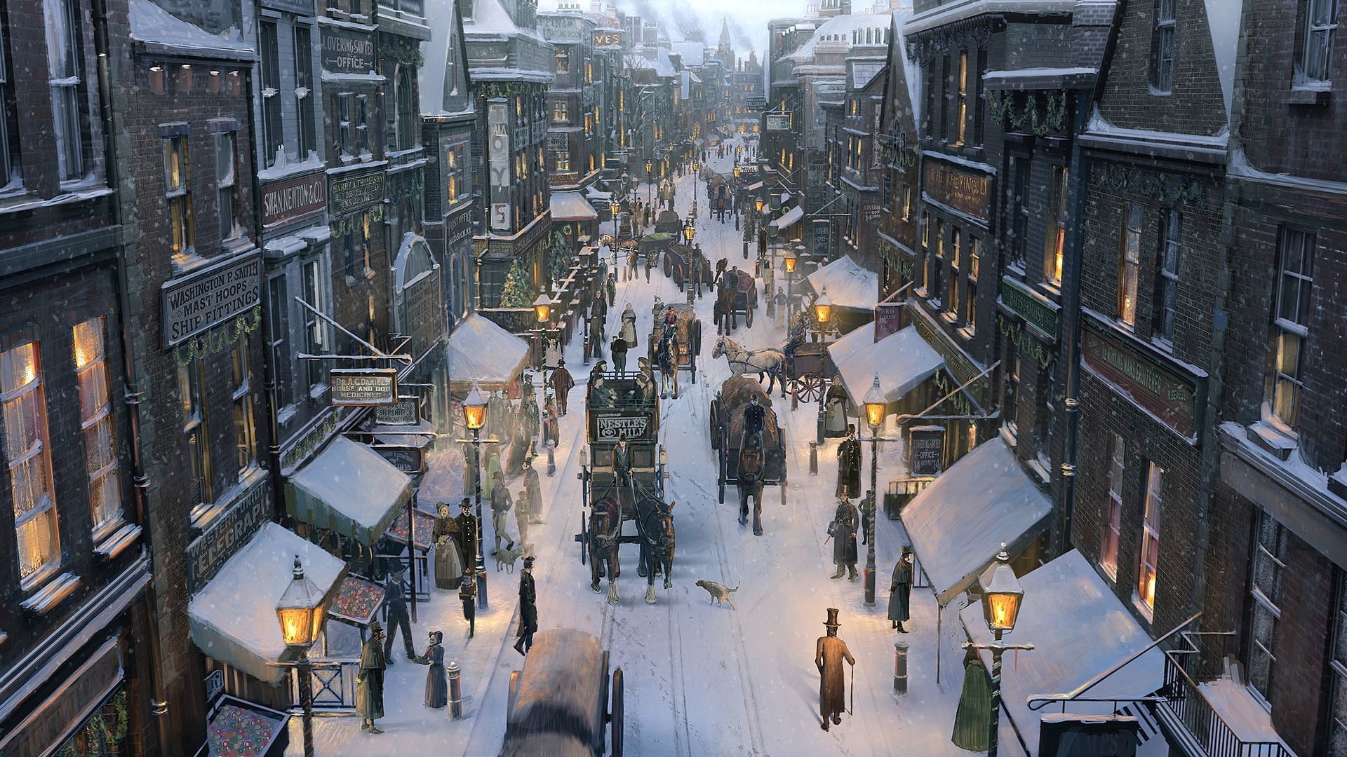 lamp, Emmanuel Shiu, horse, snow, people, street, 1080P, architecture, winter, artwork, vintage, painting, building, HD Wallpaper