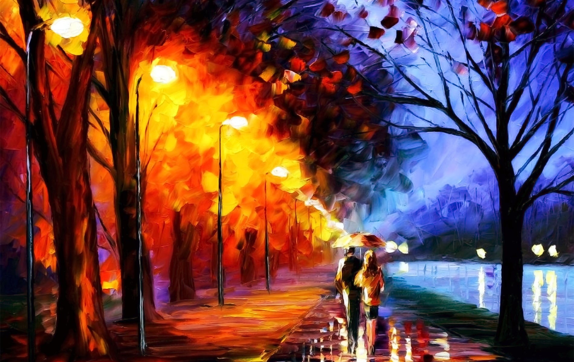 painting, group of people, tree trunk, persons, road, architecture, transportation, night, artwork, footpath, blurred motion, real people, three, nature, HD Wallpaper