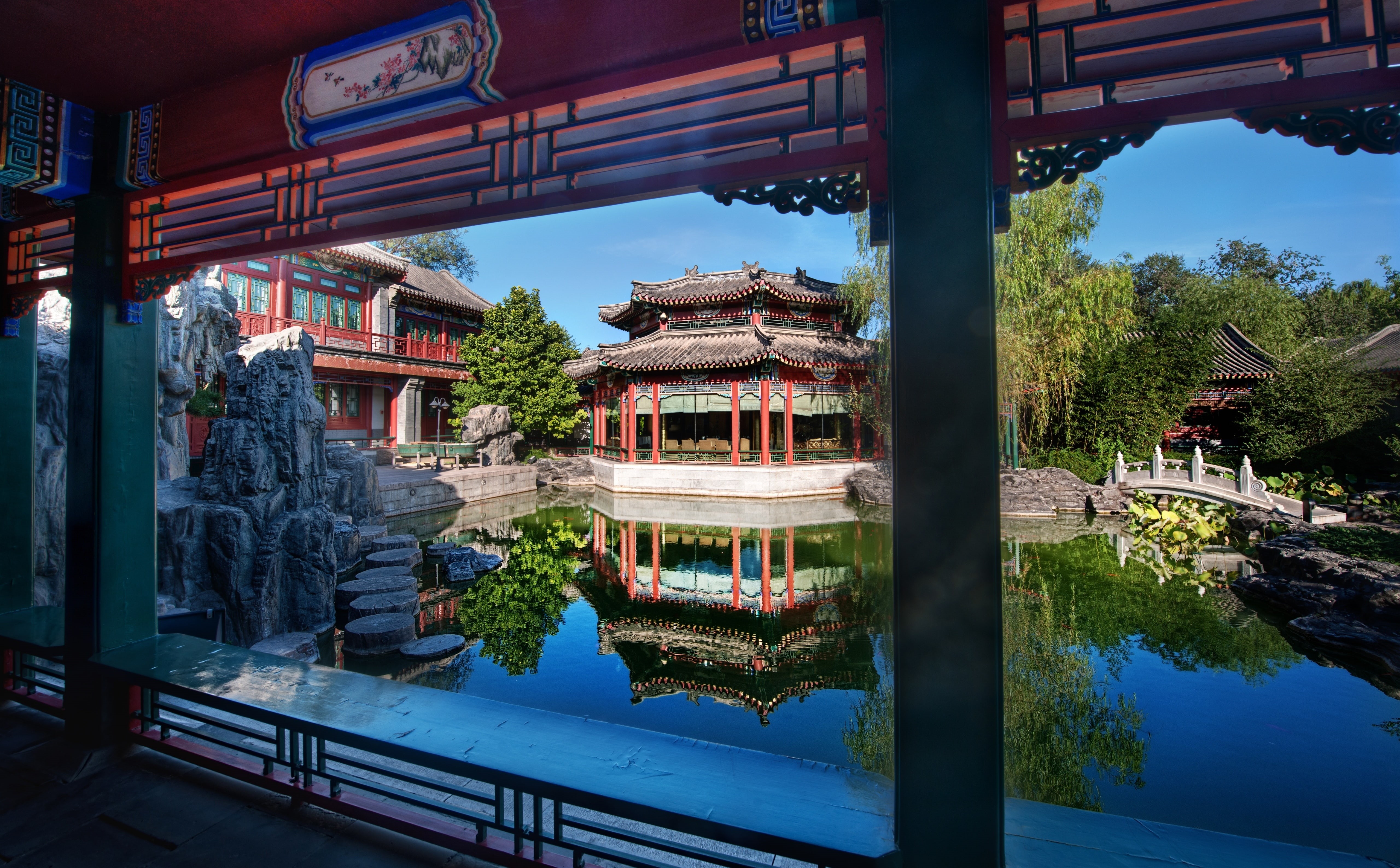 Pond, building exterior, tree, water, white, belief, built structure, City, sky, reflection, 5K, place of worship, religion, Gardens, Summer Palace, plant, HD Wallpaper