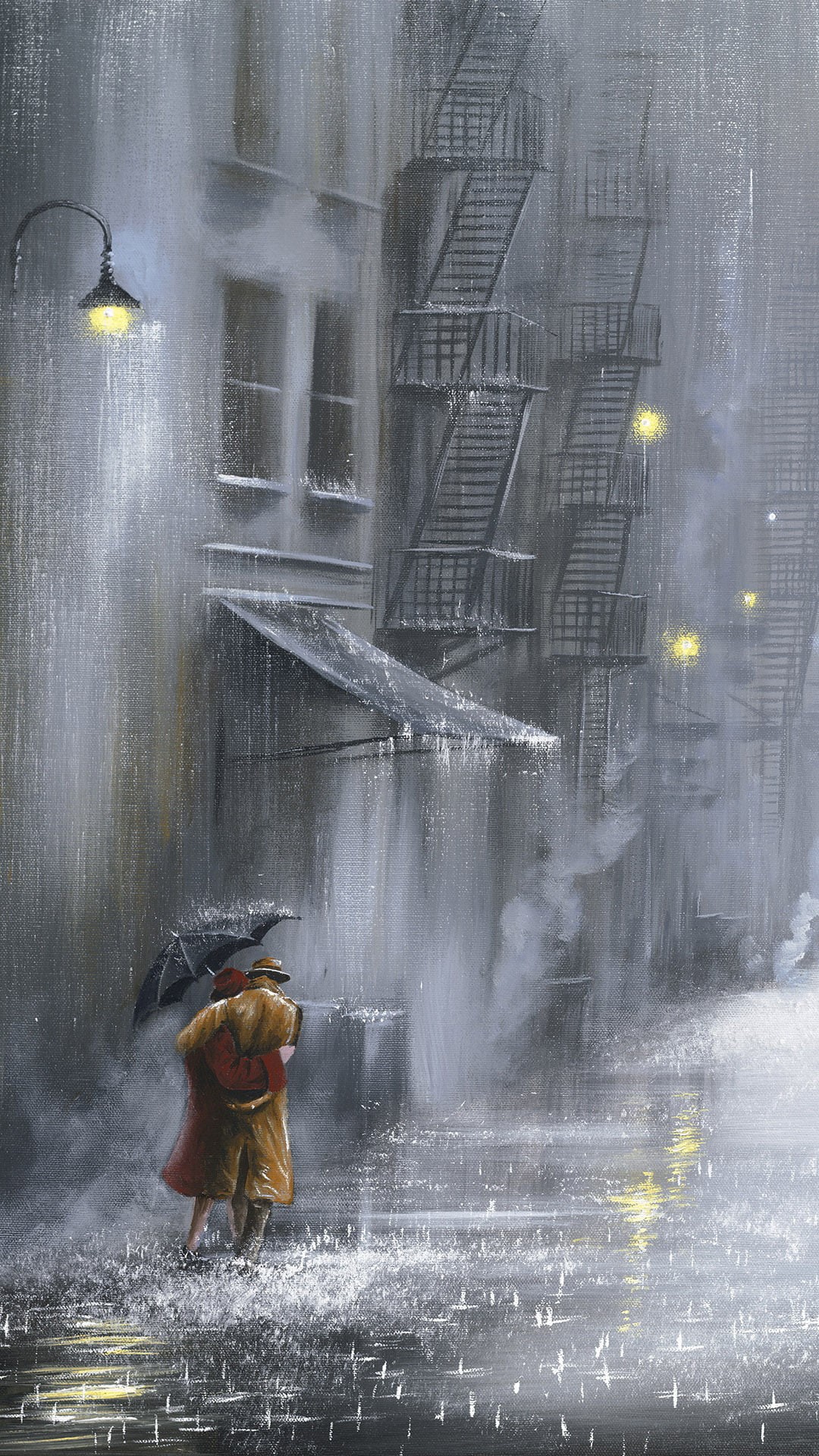 street, Jeff Rowland, portrait display, umbrella, 1080P, couple, painting, street light, digital art, smoke, rain, building, Phone HD Wallpaper