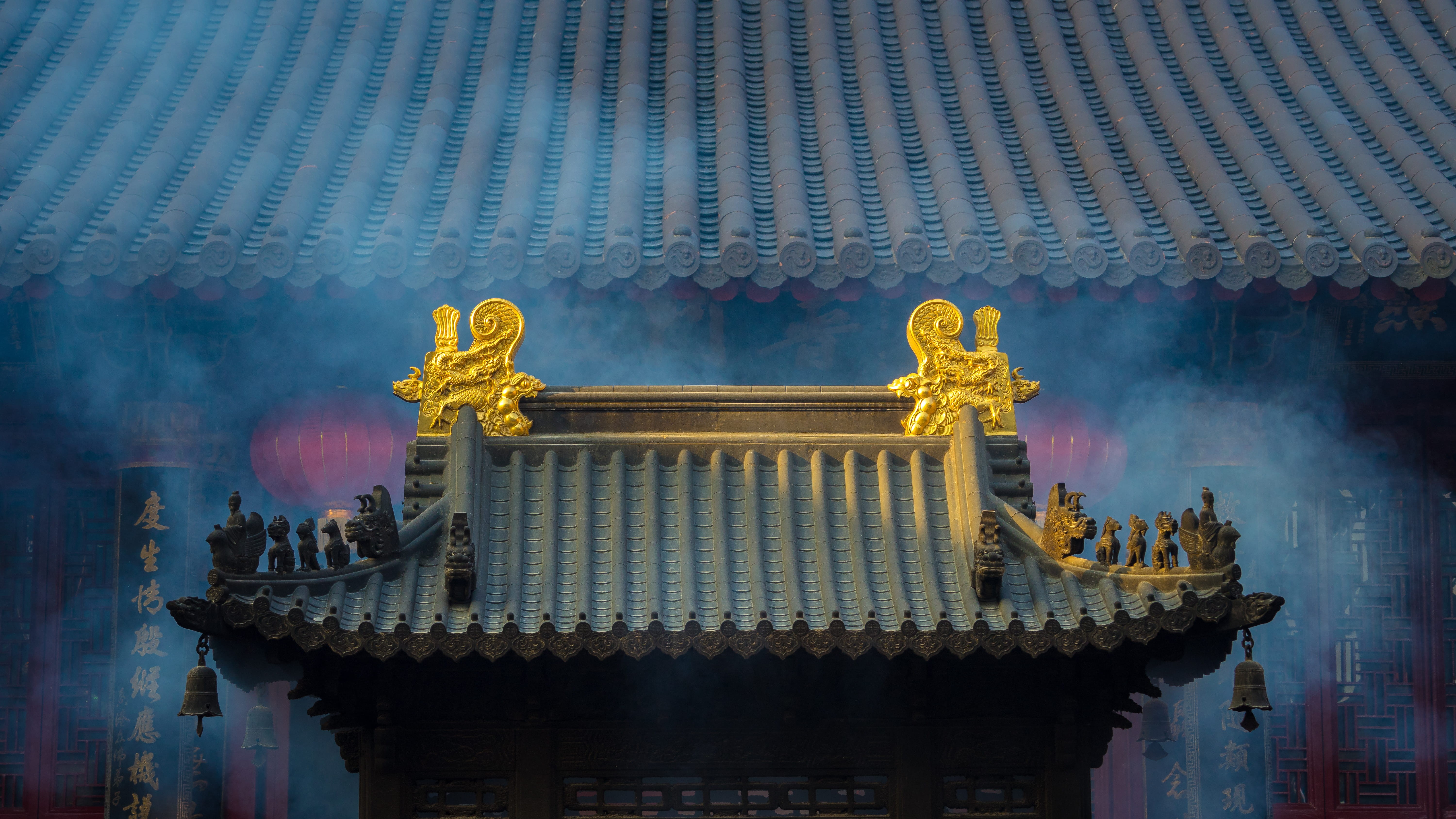 architectural column, green, building exterior, ornate, belief, 5K, Putuo, gold colored, gray, smoke, spirituality, travel destinations, architecture, HD Wallpaper