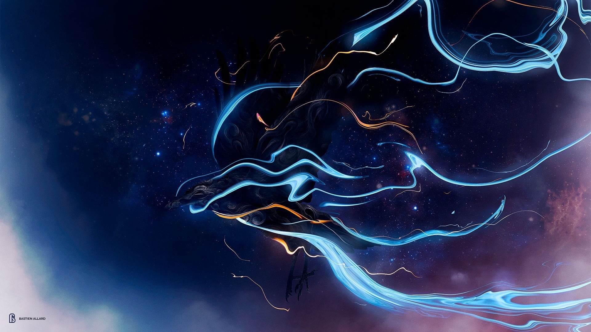 pink, colorful, mystery, sea, power in nature, cloud - sky, motion, glowing, stars, black background, 1080P, sky, digital, blue, fantasy art, galaxy, brown, HD Wallpaper