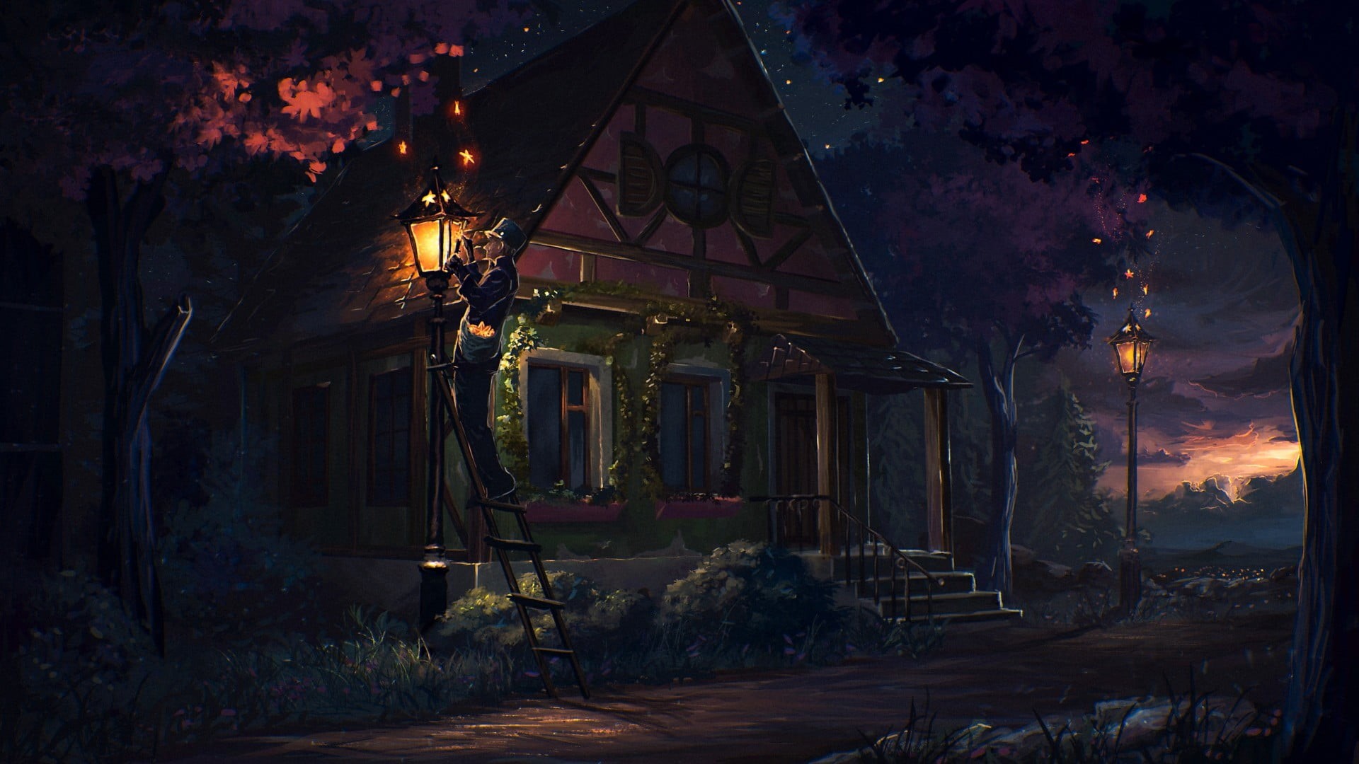 old, 1080P, ladders, run-down, nature, illustration, lights, building exterior, stars, old people, road, street light, illuminated, digital art, building, HD Wallpaper
