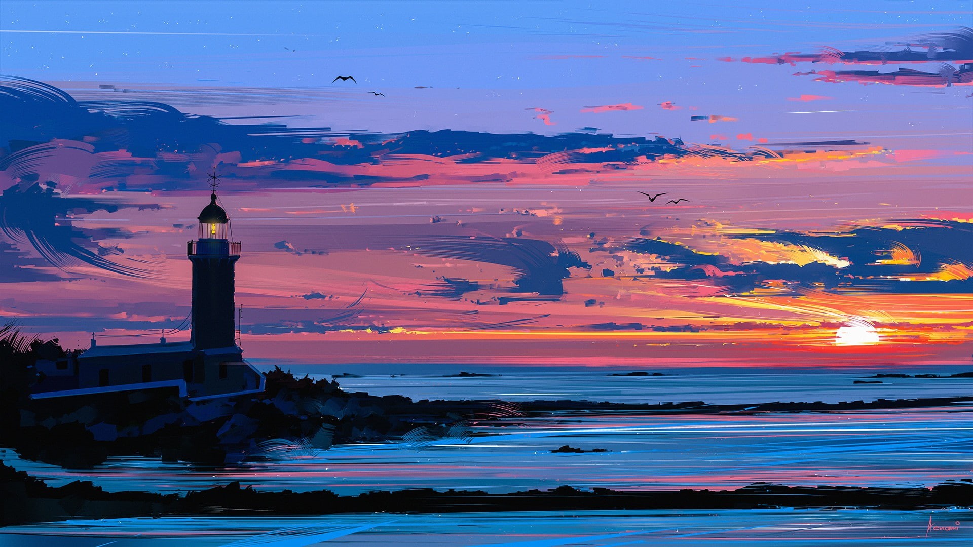 coast, Aenami, vector, drawing, artwork, colorful, lighthouse, 1080P, digital art, HD Wallpaper
