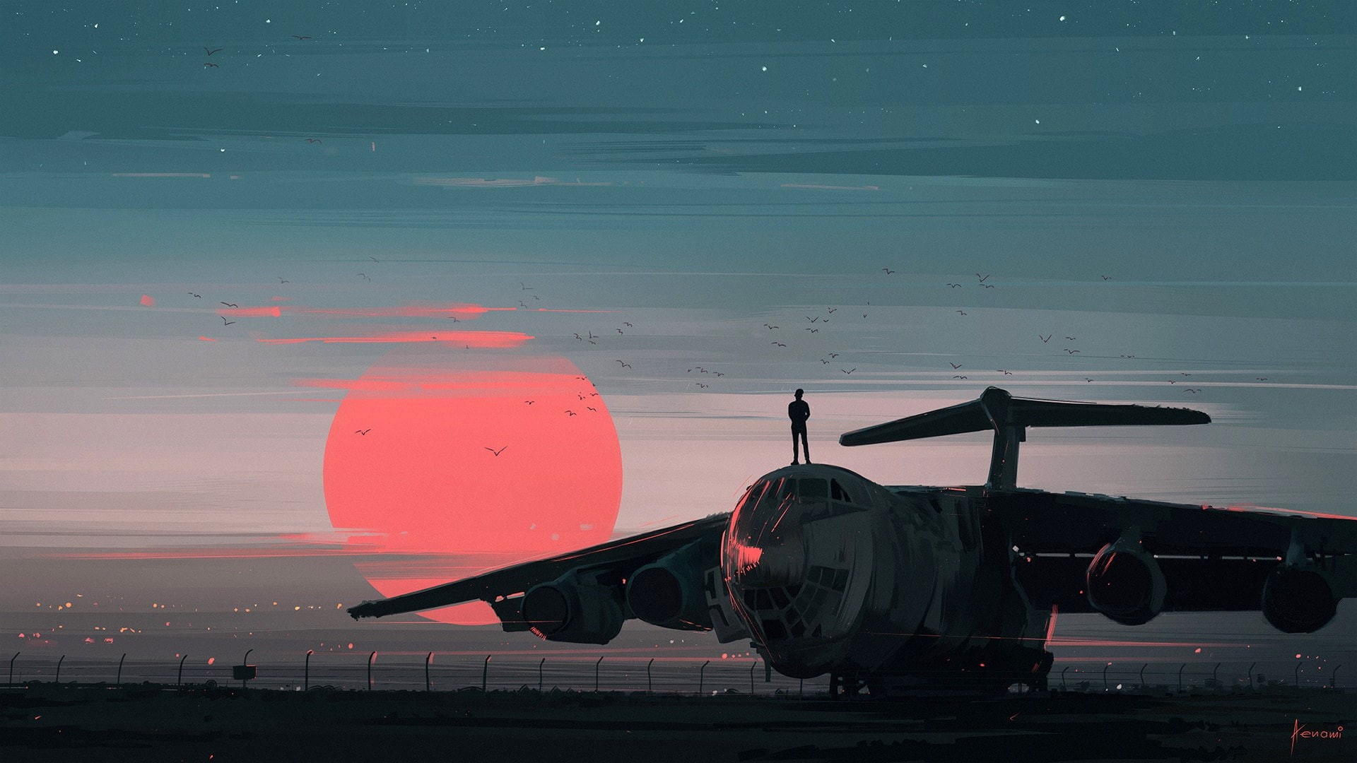illustration, Aenami, airplane, sky, people, landscape, silhouette, sun, twilight, 1080P, Il-76, digital art, artist, sunset, Ilyushin Il-76, red, painting art, HD Wallpaper