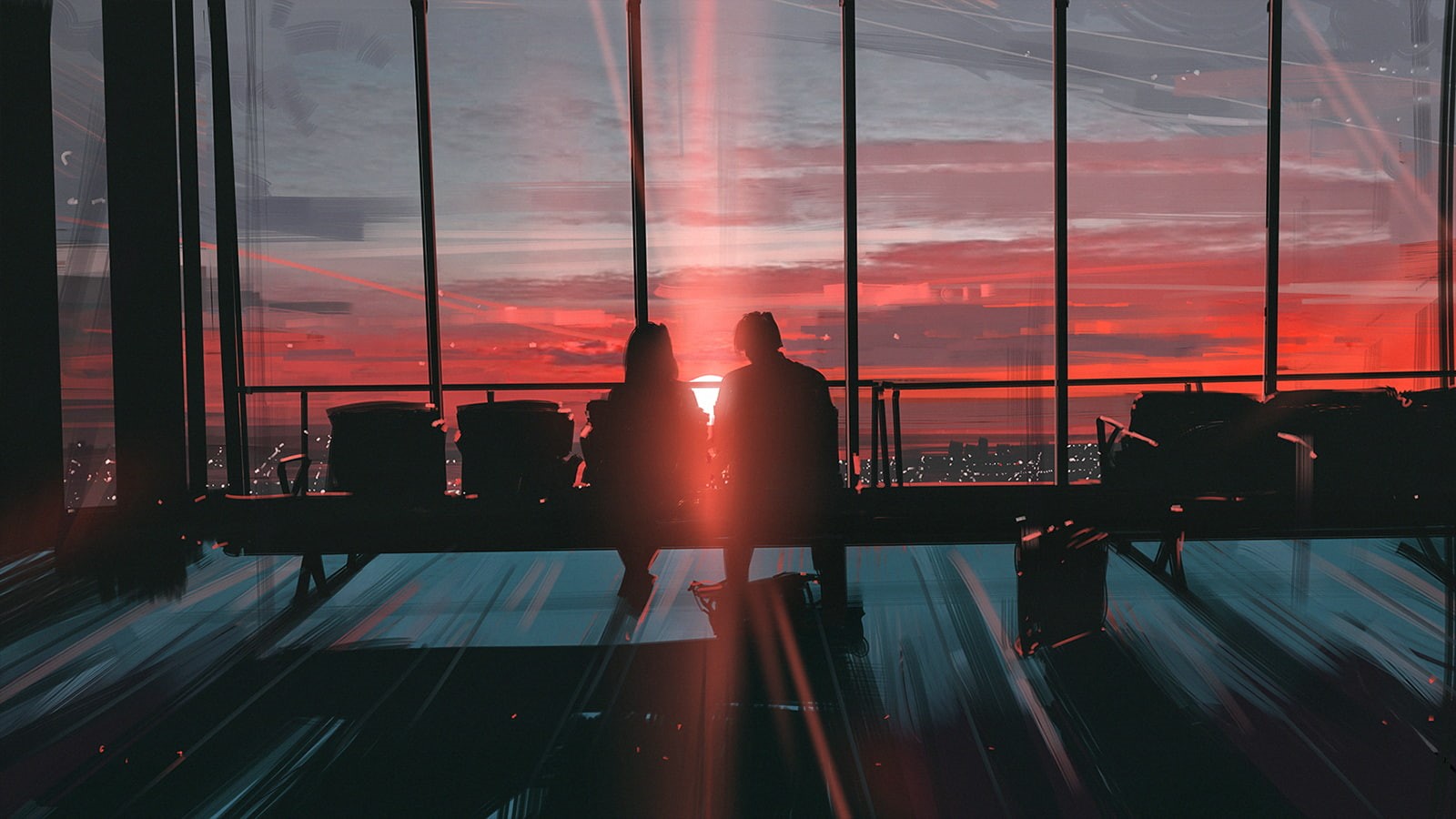 artwork, orange color, Aenami, window, group of people, cloud - sky, real people, architecture, transportation, silhouette, 720P, men, built structure, HD Wallpaper