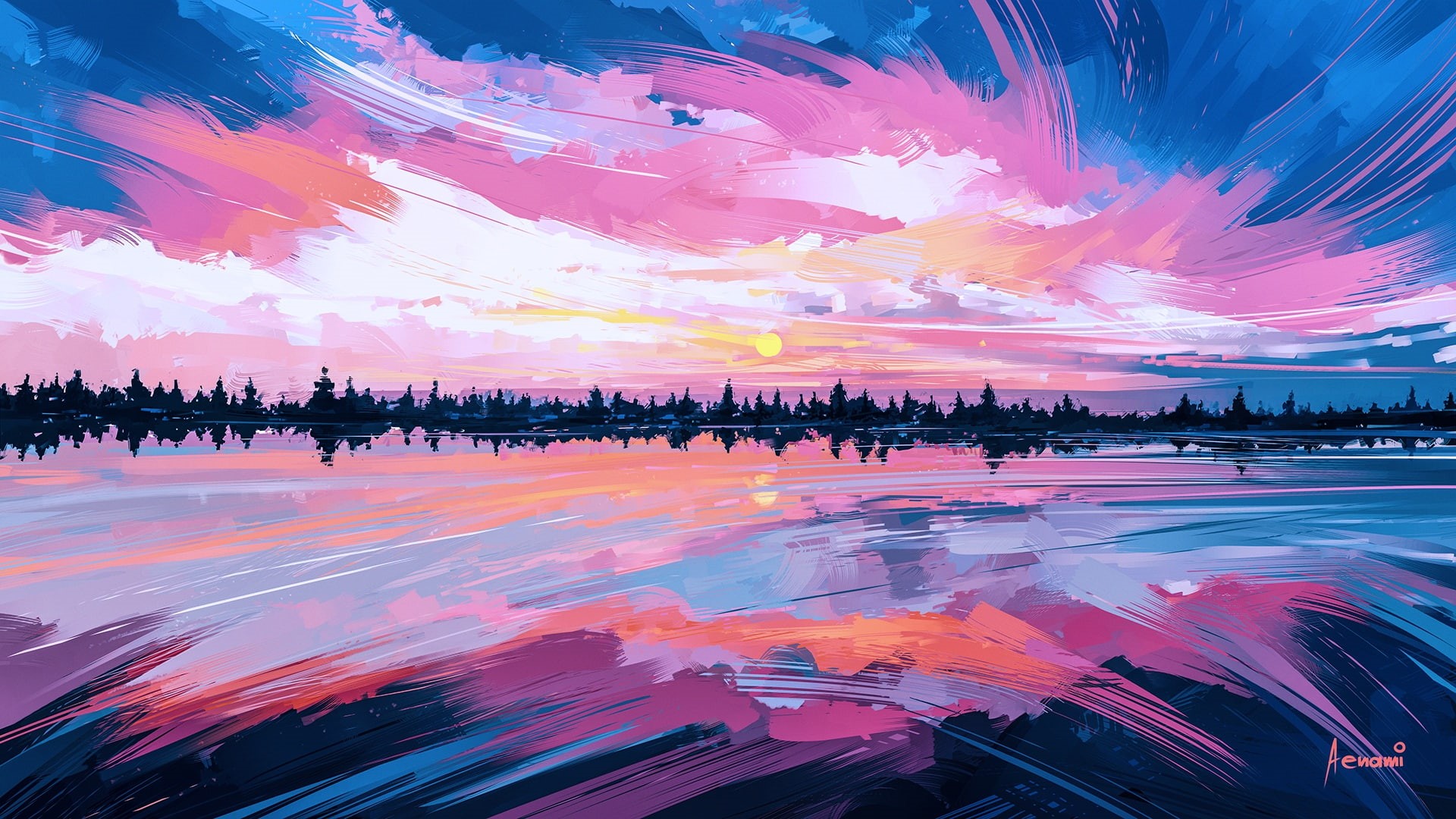 Alena Aenam The, the sky, mirror, aenami, sky, sunset, clouds, art, 1080P, Alyona Velichko, water, sunrise, reflection, anime, the sun, HD Wallpaper
