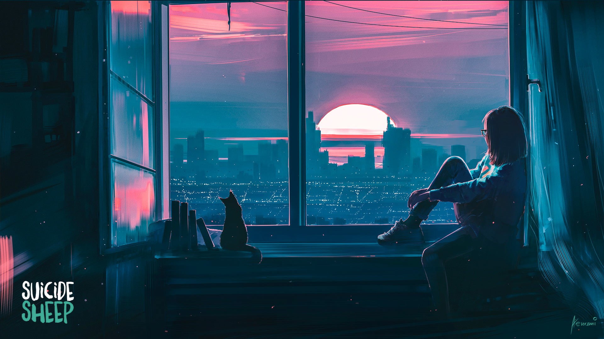 Suicide Sheep, digital art, women, painting, Aenami, sunset, window, city, 1080P, fantasy art, HD Wallpaper