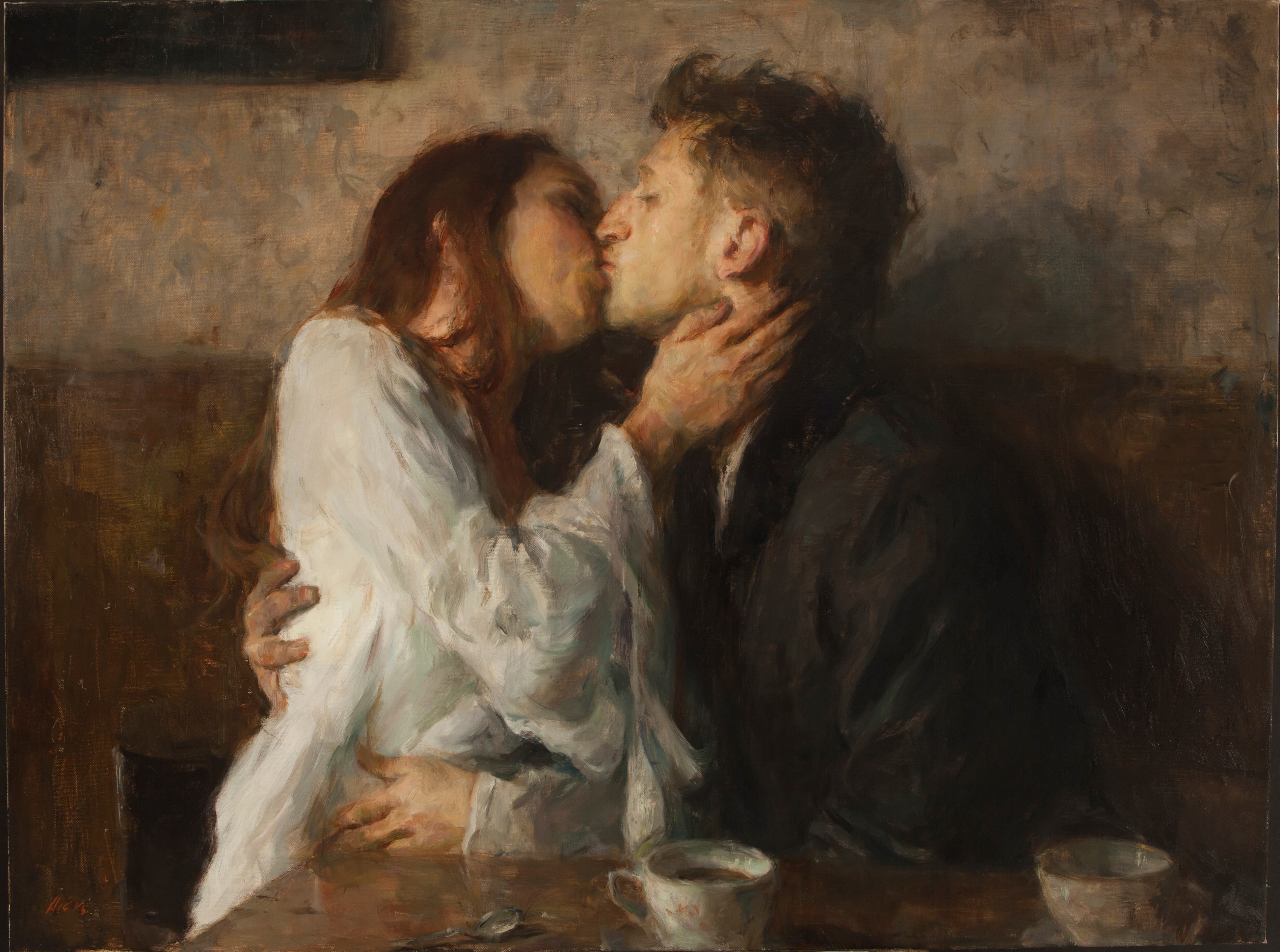 love, painting, heterosexual couple, beautiful woman, emotion, indoors, 4K, young women, young adult, kissing, tea, togetherness, couple, couple - relationship, HD Wallpaper