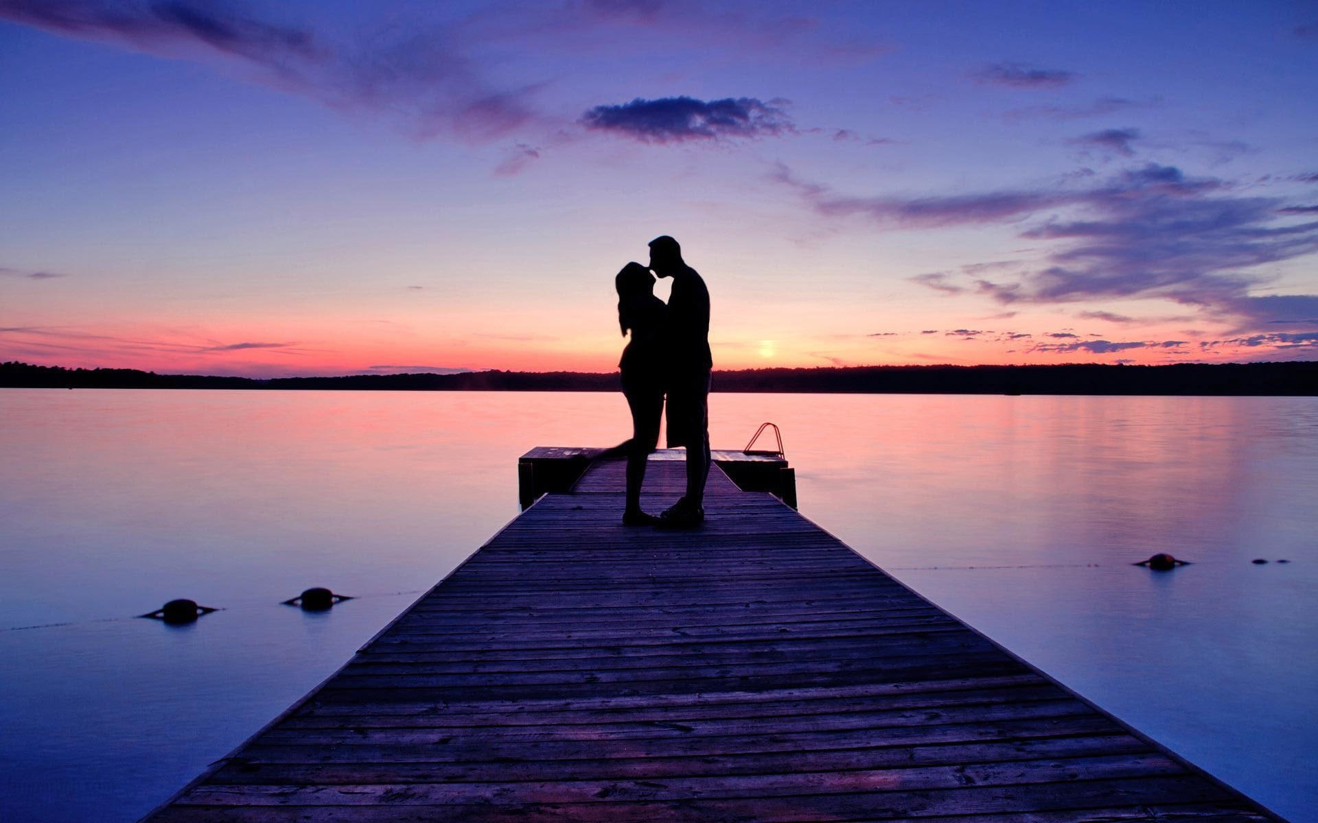 couple, lake, Love, kiss, sunset, 1080P, HD Wallpaper