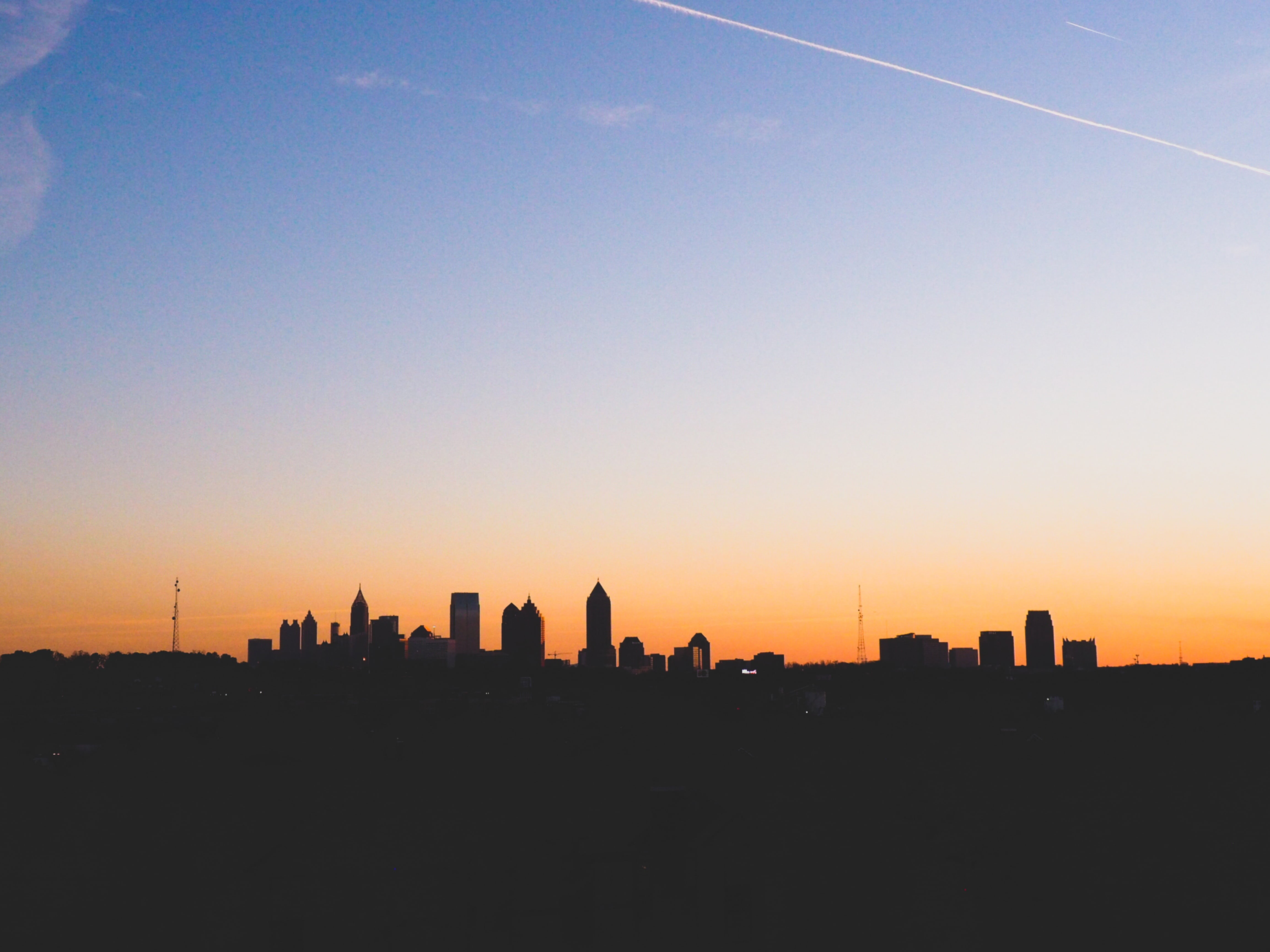 blue, sunset, sunrise, tower, built structure, skyscraper, golden, 4K, outdoors, shadows, towns, sky, gradient, cityscape, copy space, light, horizon, HD Wallpaper
