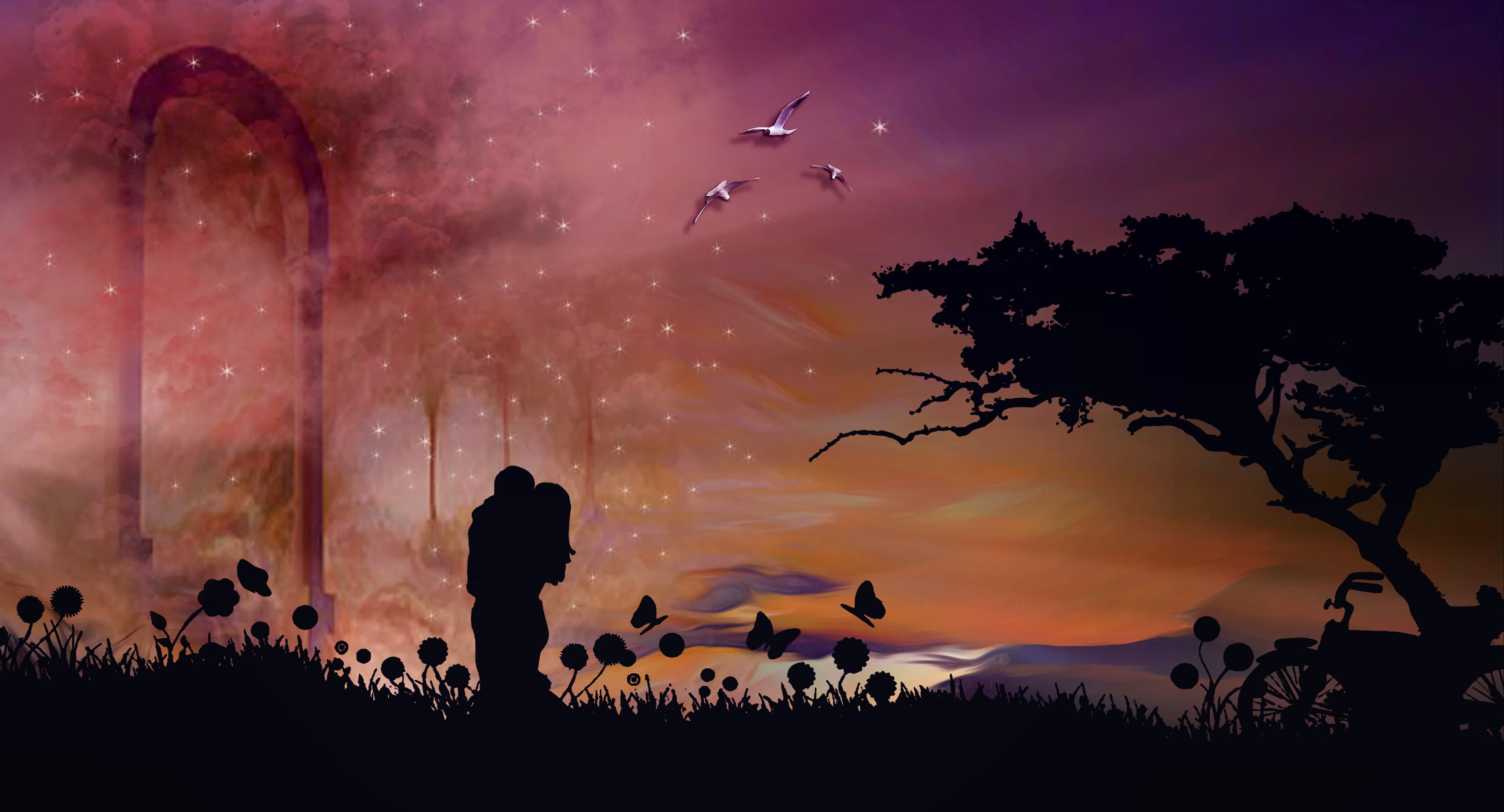 orange Color, standing, flock of birds, vertebrate, plant, illustration, sun, black Color, beauty In Nature, outdoors, summer, hugs, night, silhouettes, HD Wallpaper