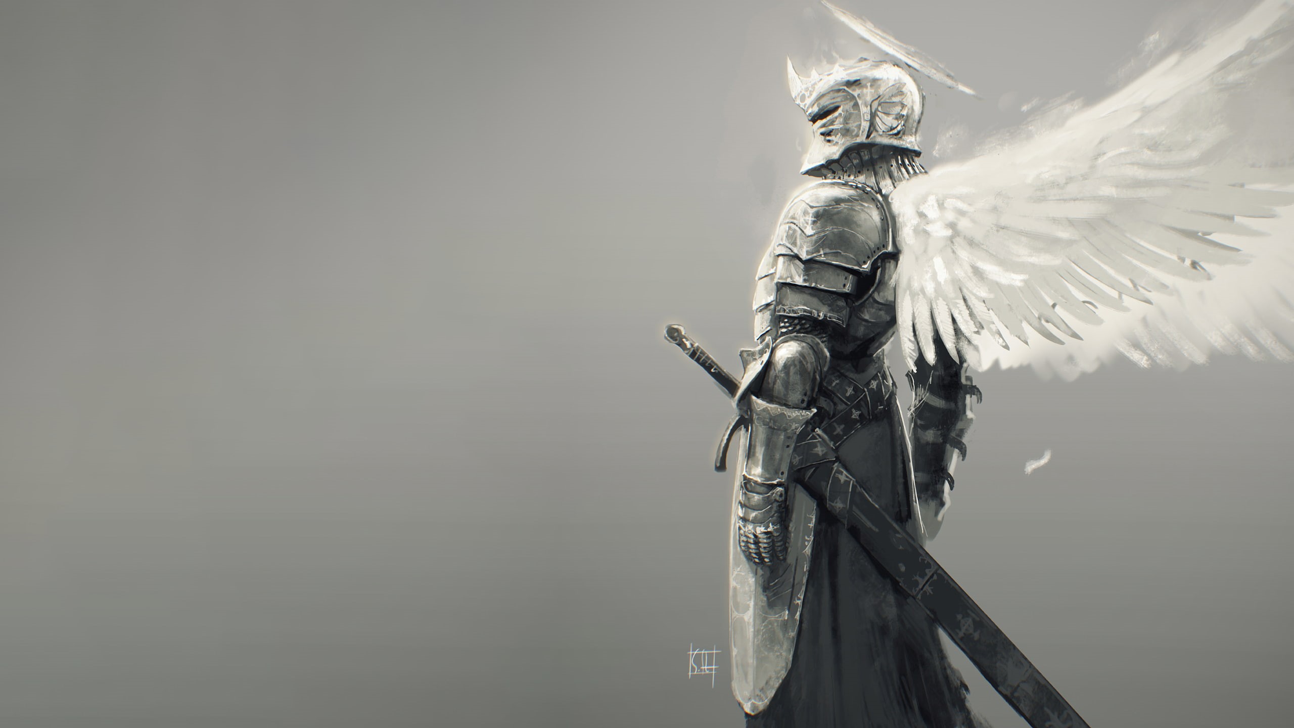 sword, knight, 2K, fantasy art, fantasy armor, angel wings, HD Wallpaper