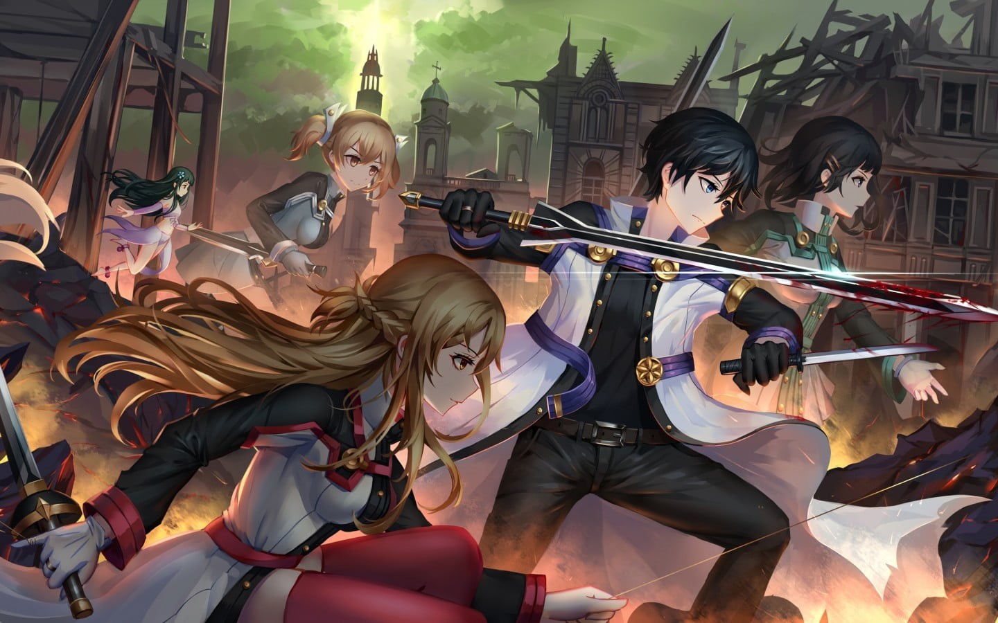 string instrument, day, building exterior, Yui(Sword Art Online), built structure, real people, arts culture and entertainment, sword, sitting, group of people, HD Wallpaper