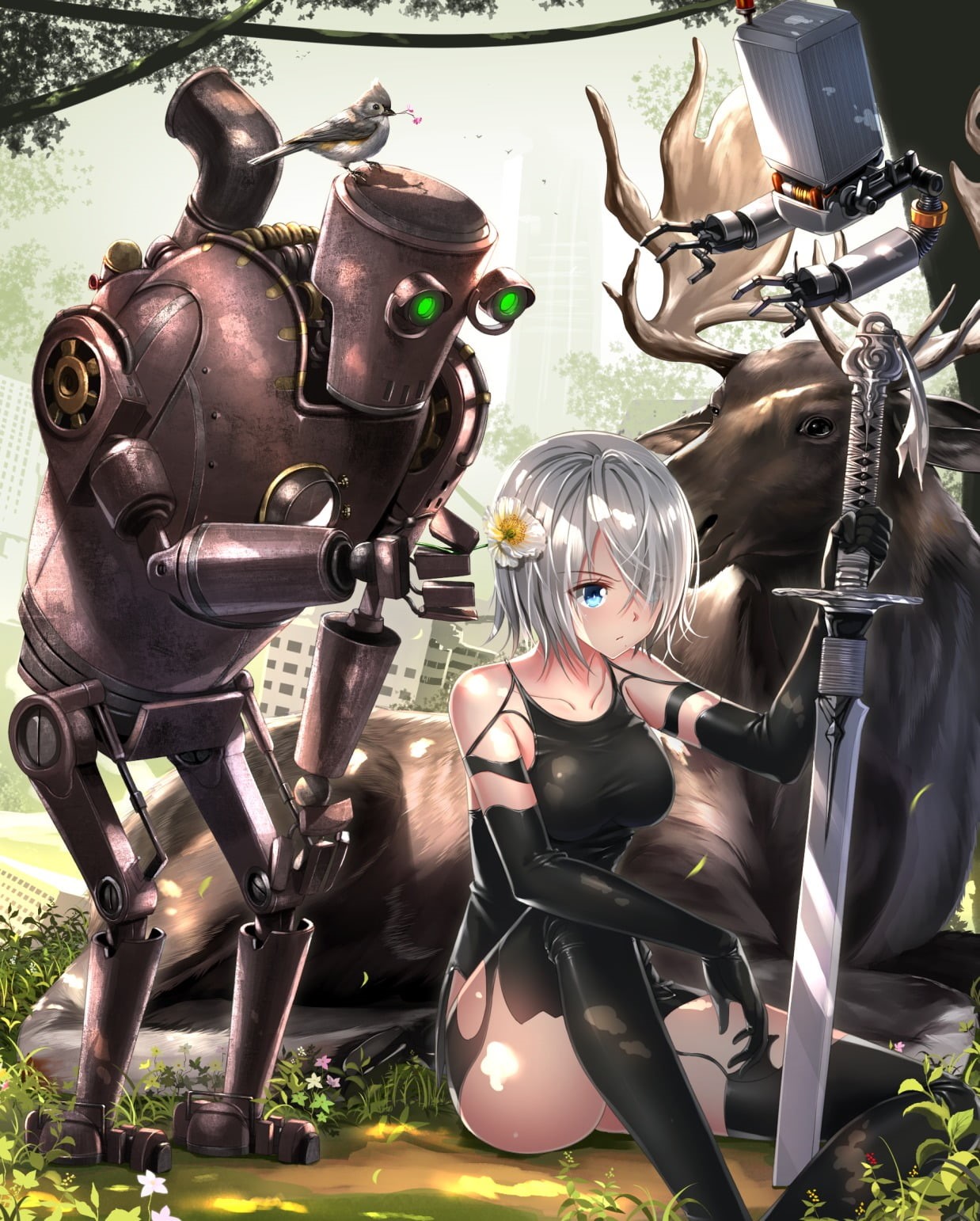 graphic, automata, no people, outdoors, hanging, Nier: Automata, thigh-highs, Swordsouls, mech, metal, human representation, art and craft, A2 (Nier: Automata), Phone HD Wallpaper