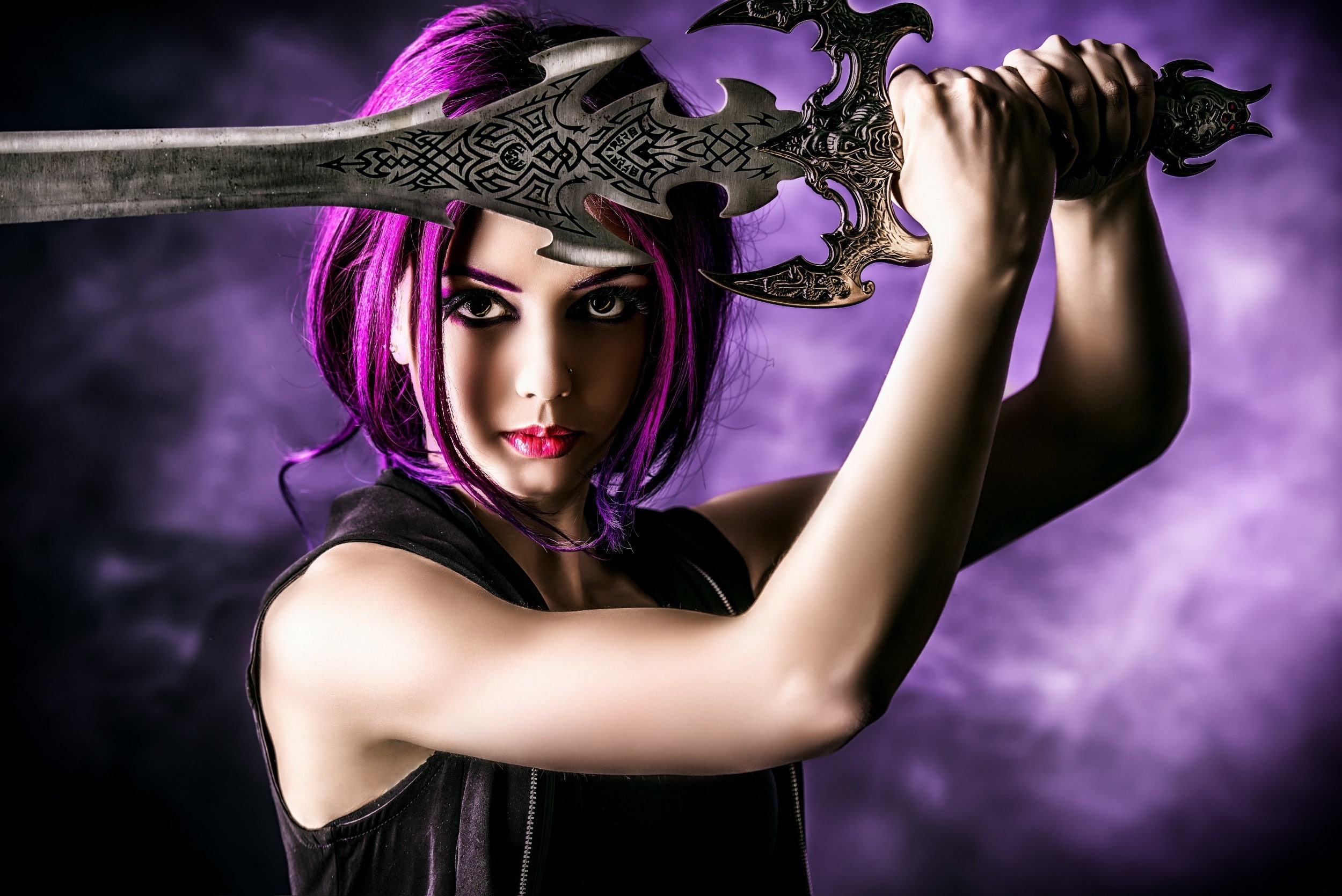 fantasy, sword, 1080P, girl, purple, purple hair, hair, HD Wallpaper