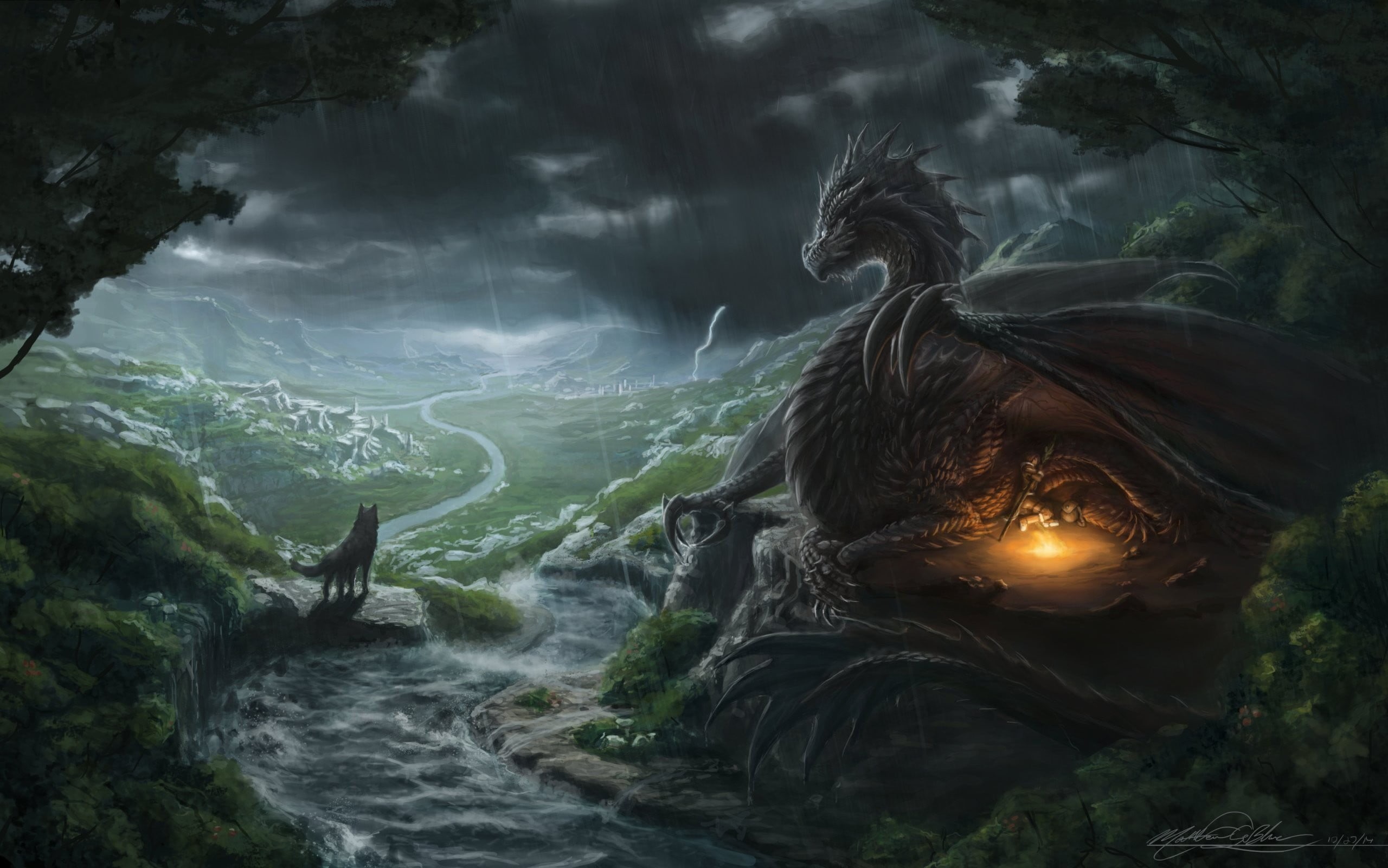 fantasy art, art and craft, people, fear, environment, outdoors, flowing water, waterfall, long exposure, dragon, beauty in nature, illustration, river, HD Wallpaper