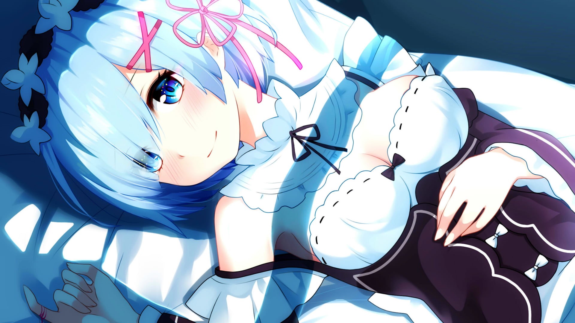 white, character, no people, girl, still life, high angle view, nature, Rem (Re: Zero), top, blue, 1080P, purple, representation, anime, pattern, day, HD Wallpaper