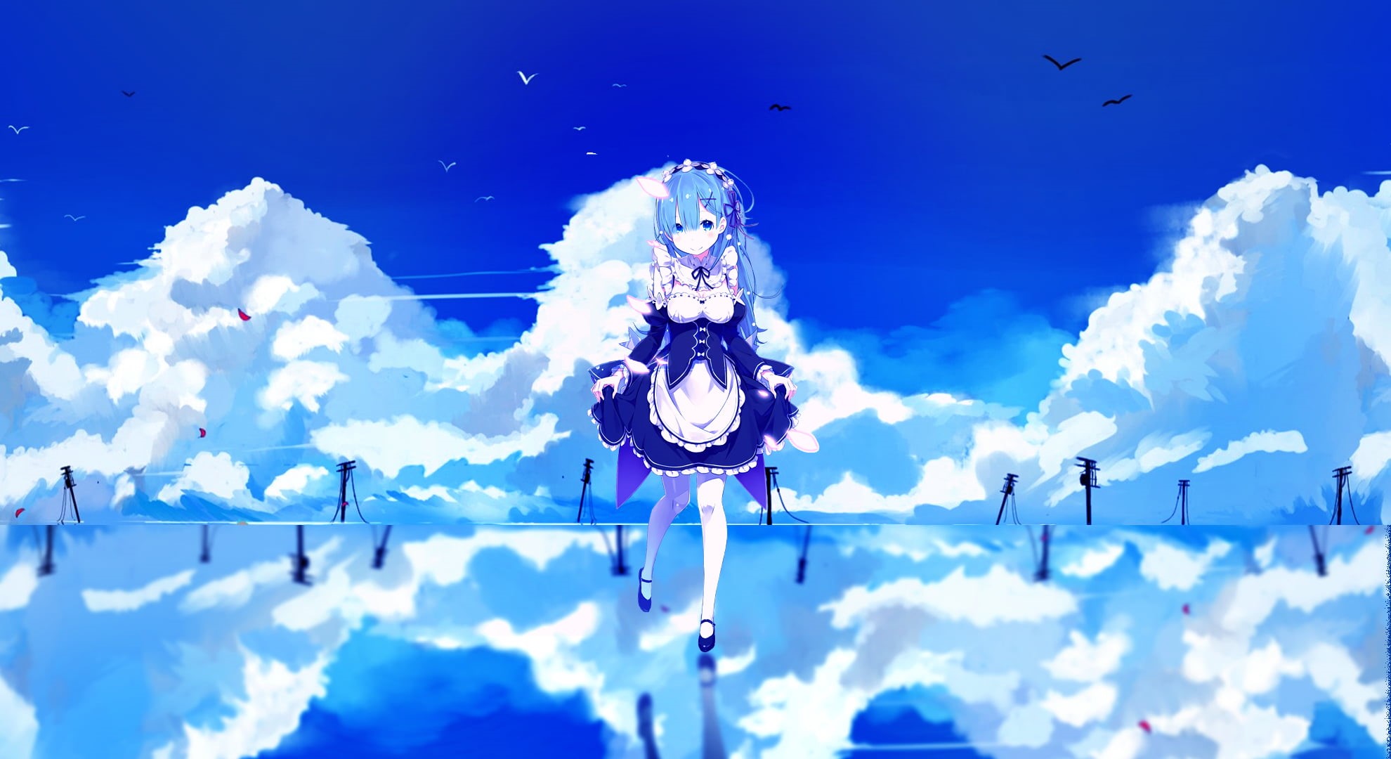  low angle view, wearing, flower, snow, 1080P, animal themes, blue, white color, anime, Rem (Re: Zero), day, sunlight, anime girls, no people, HD Wallpaper