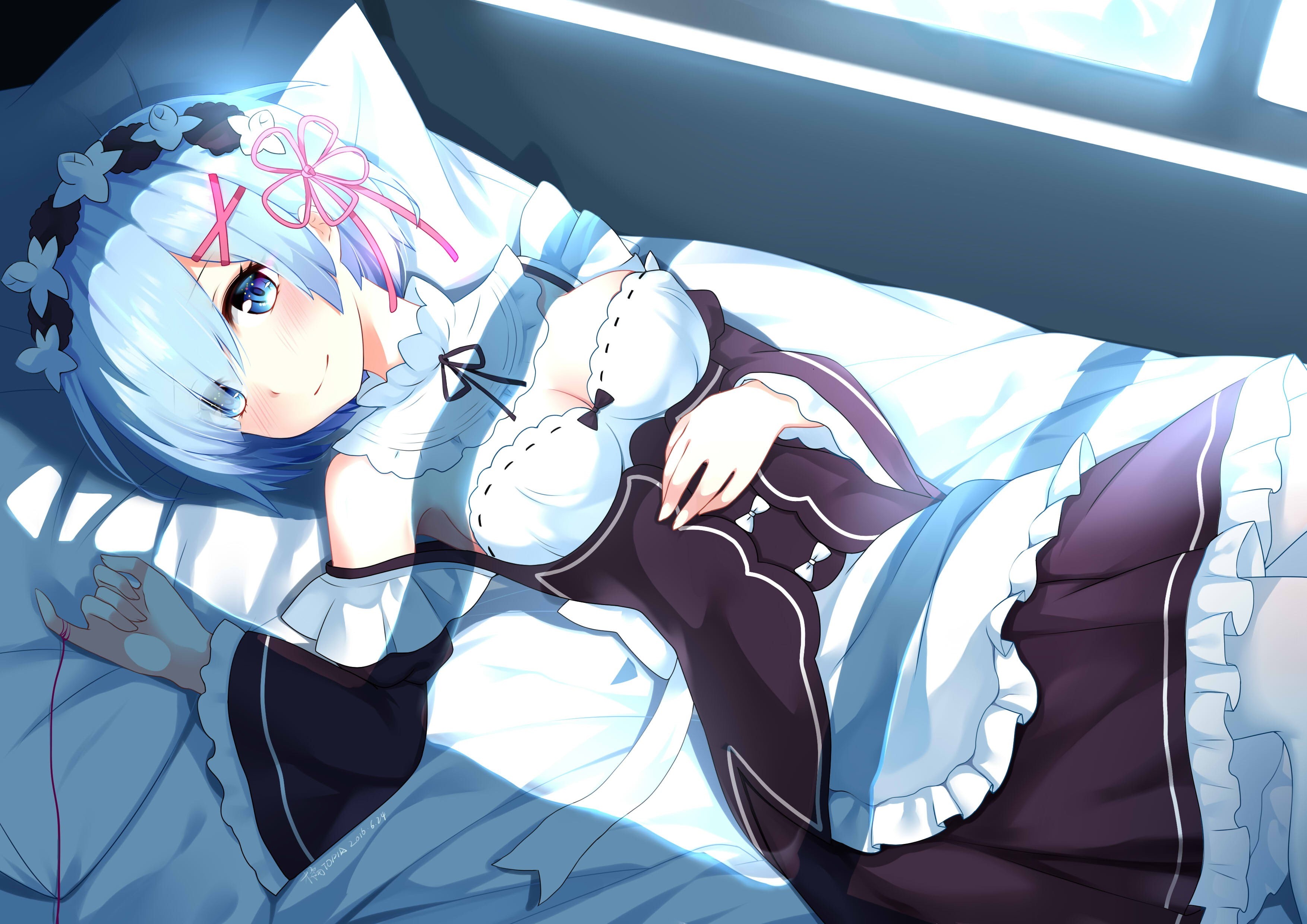 illustration, nature, bed, haired, human representation, pattern, Re:Zero Kara Hajimeru Isekai Seikatsu, still life, indoors, blue hair, creativity, close-up, HD Wallpaper