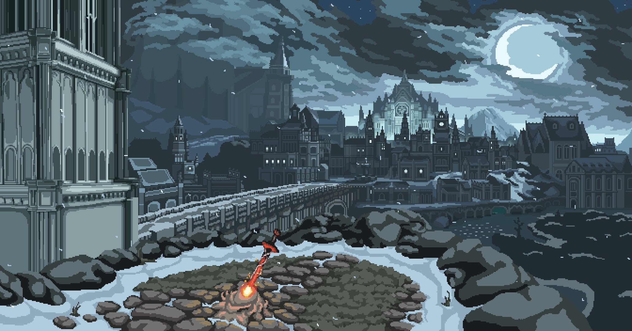 stones, night, town, pixels, 1080P, house, digital art, clouds, pixelated, sword, rock, Moon, pixel art, nature, video games, fan art, Dark Souls III, HD Wallpaper