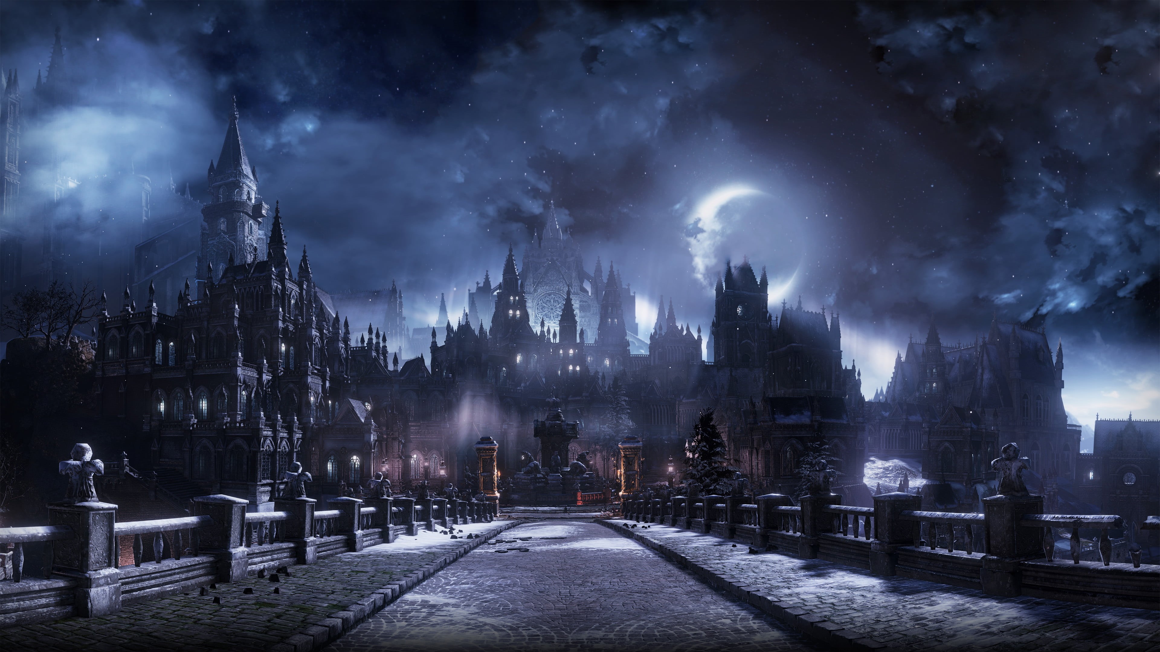 Moon, 4K, clouds, Dark Souls III, fantasy art, cityscape, video games, tower, castle, night, snowing, digital art, HD Wallpaper