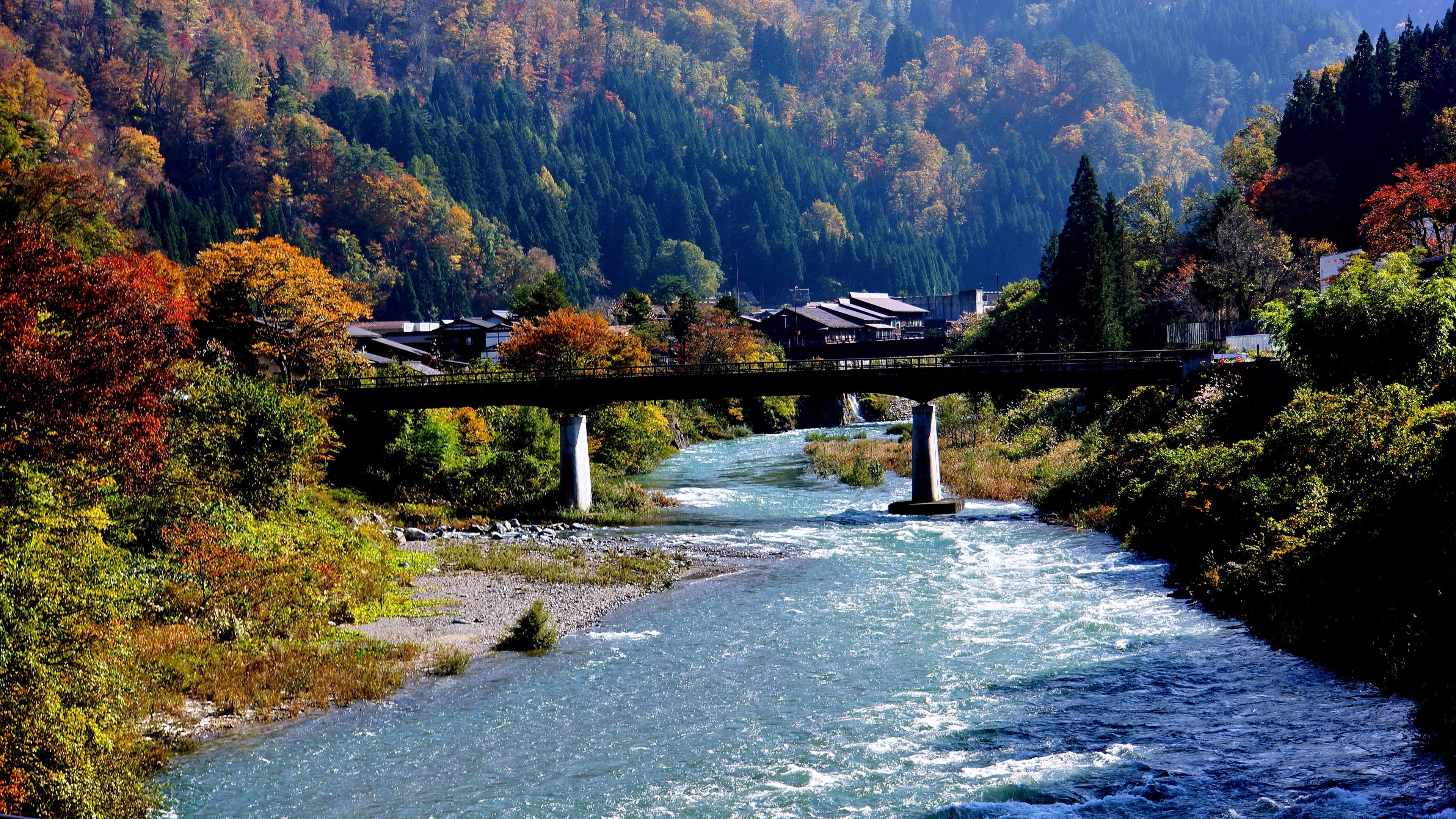 4K, shirakawa, Shirakawago, Japan, Bridge, River, Trees, go, Village, Mountain, HD Wallpaper