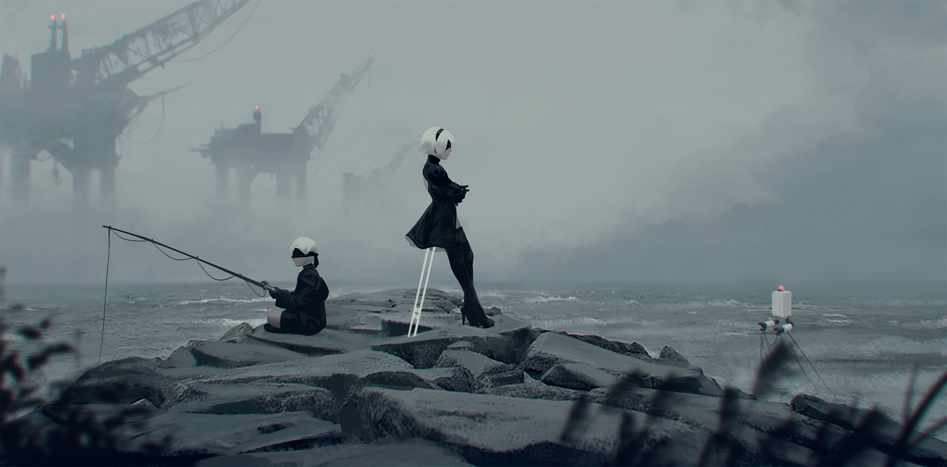 two people, fishing rod, fog, activity, nature, men, nautical vessel, adult, Android 2B, fantasy art, real people, video games, mode of transportation, HD Wallpaper
