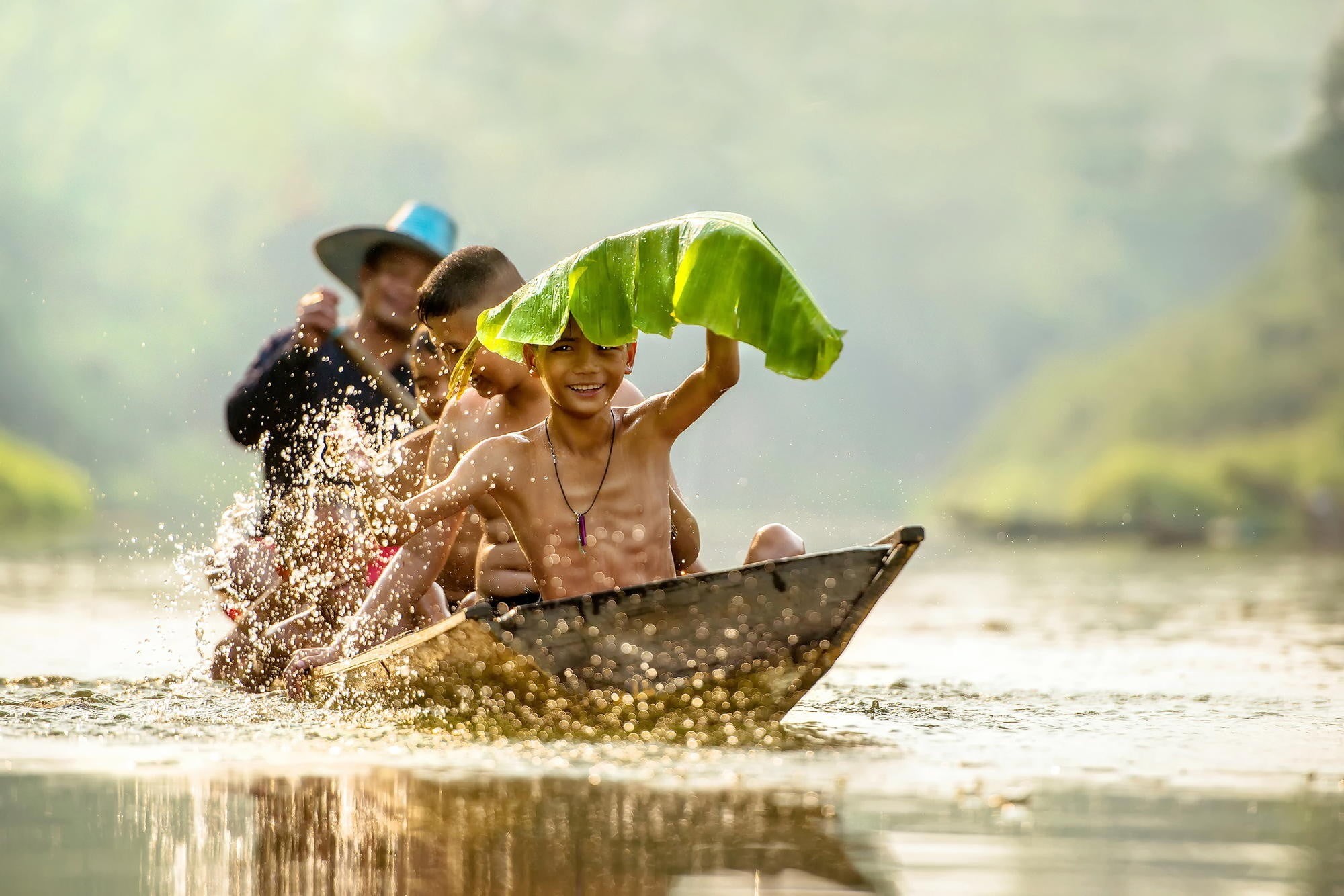 humor, young adult, fisherman, plants, water, river, females, looking at viewer, smiling, Myanmar, adult, leaves, trees, mist, happiness, enjoyment, wooden, HD Wallpaper