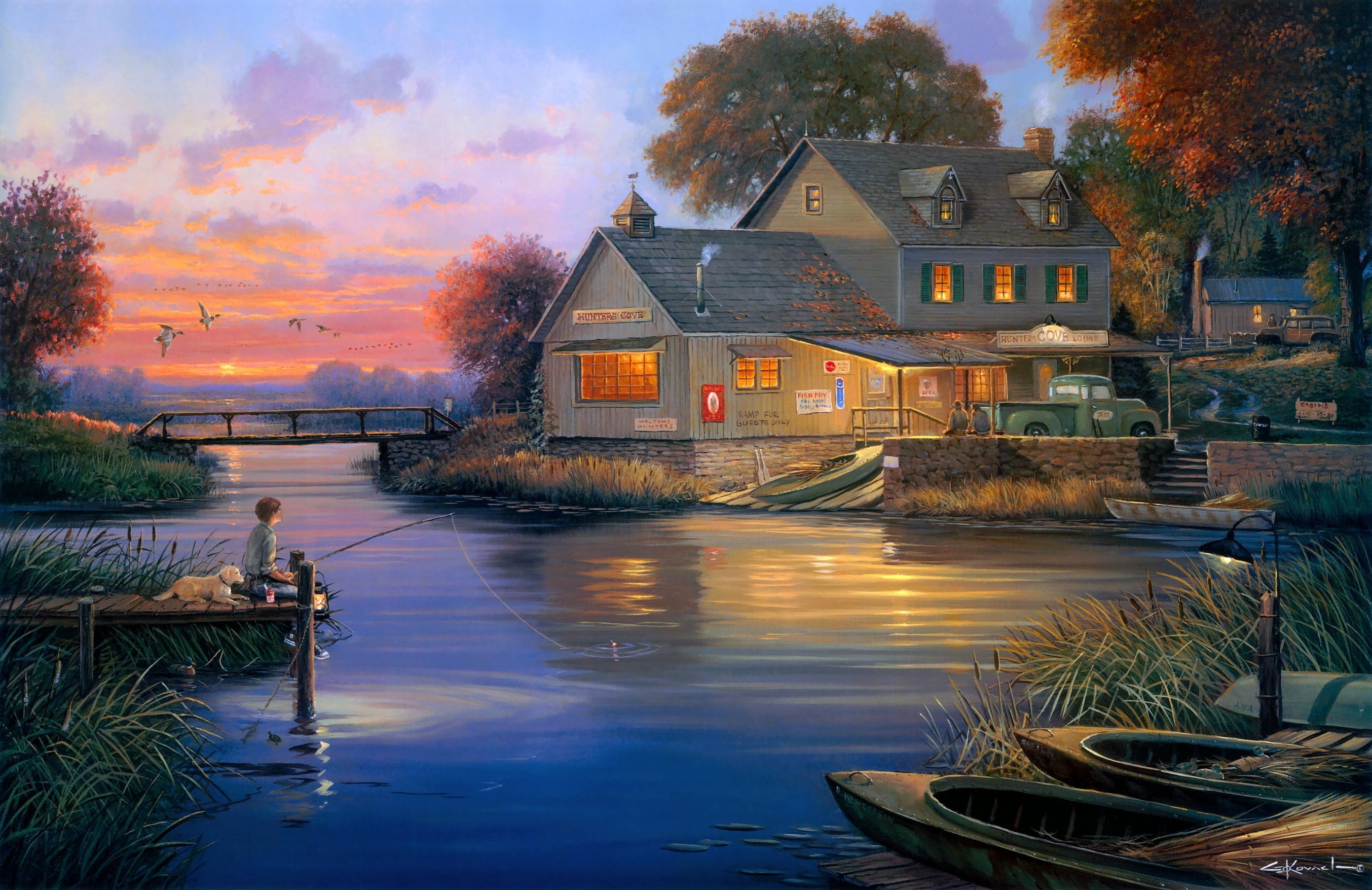 color Image, outdoors, lake, cultures, reflection, tree, pond, painting, night, architecture, transportation, canal, building Exterior, the evening, wood - Material, HD Wallpaper