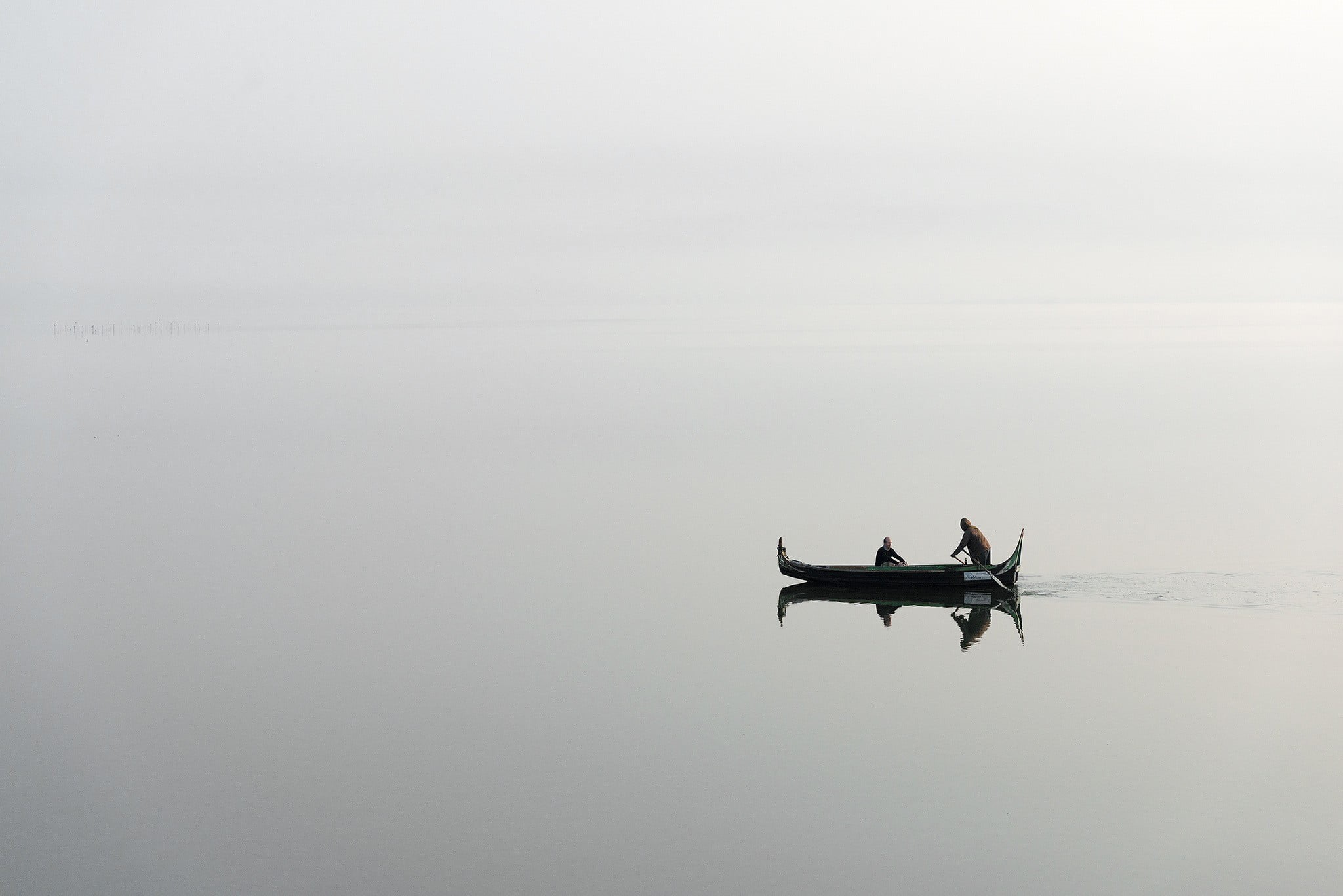 sea, transportation, 1080P, landscape, monochrome, copy space, water, sky, real people, gray, day, outdoors, travel, tranquil scene, fisherman, boat, mist, HD Wallpaper