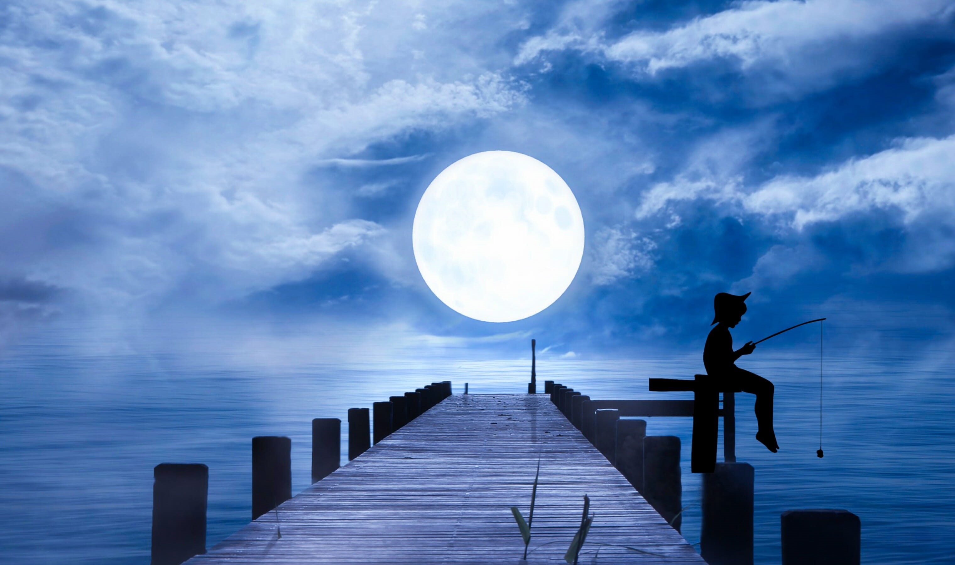 direction, peaceful, man, wood - material, fishing, lake, travel, moon, horizon over water, beauty in nature, horizon, clouds, full moon, beauty, planetary moon, HD Wallpaper