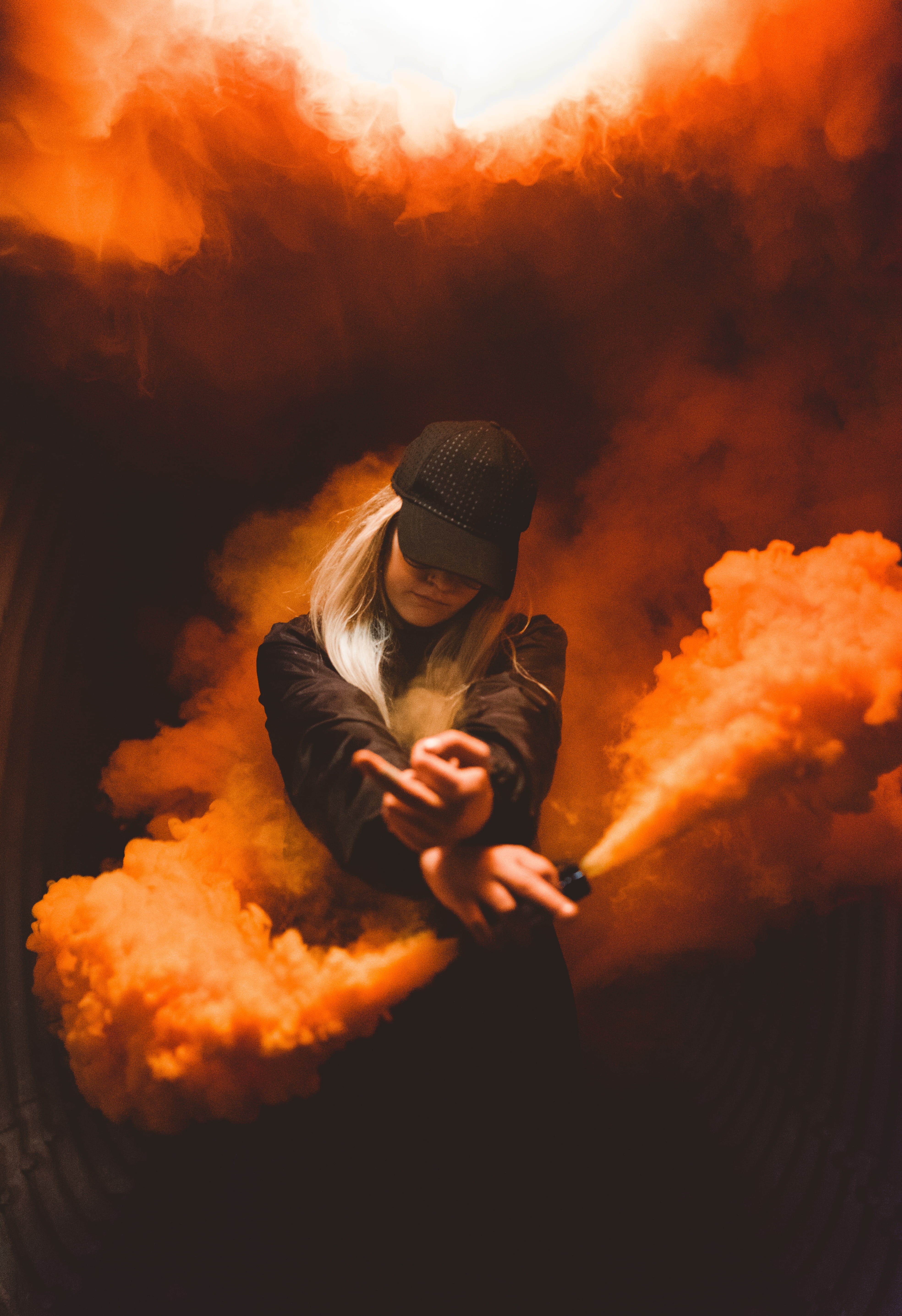 smoke, girl, flame, lady, orange, business, middle finger, young, black clothe, people, outdoors, warm, cloud - Sky, model, smoke - Physical Structure, Phone HD Wallpaper