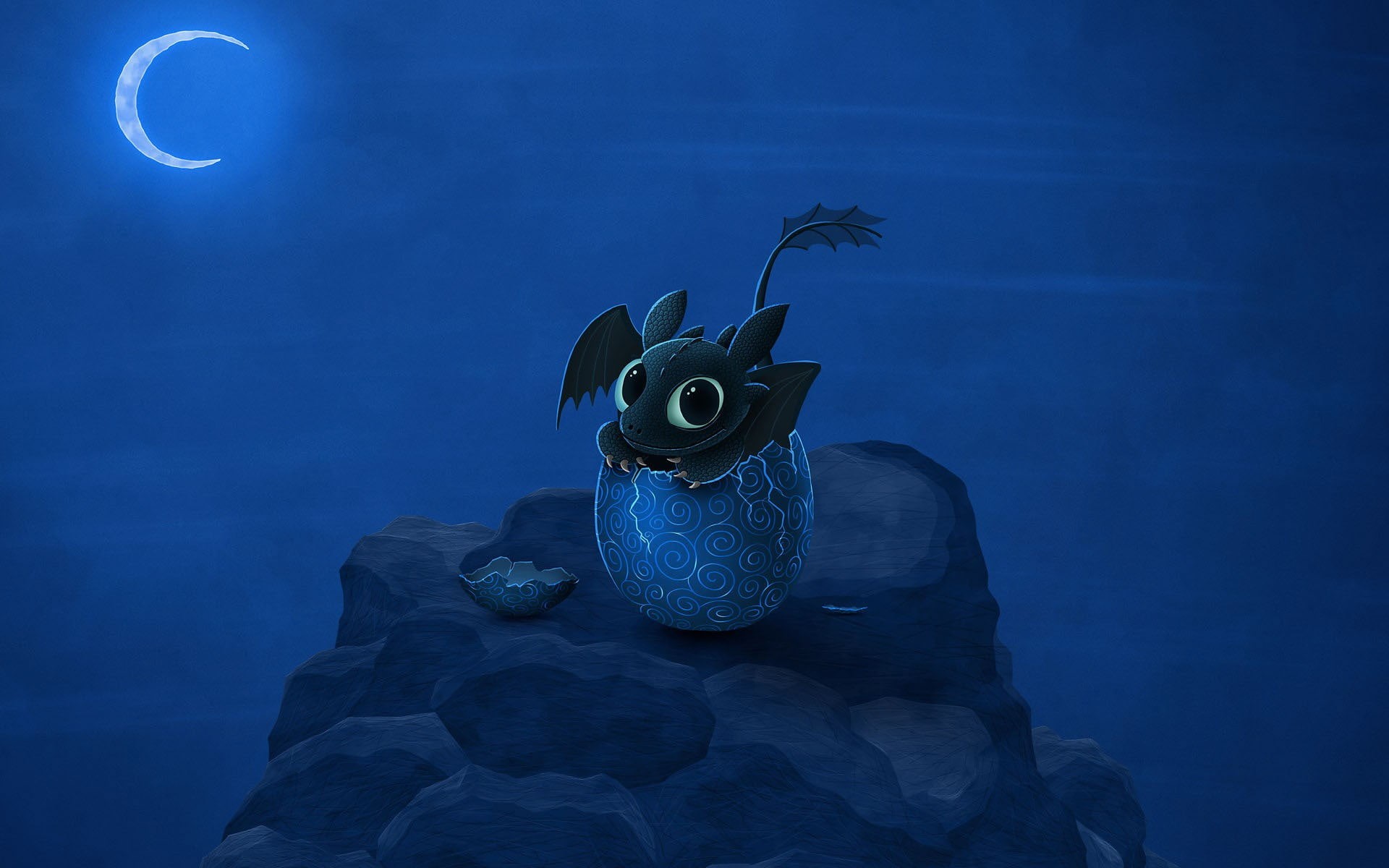 fantasy art, marine, Moon, 1080P, blue background, vertebrate, dragon, outdoors, illustration, nature, water, one animal, digital composite, Toothless, HD Wallpaper