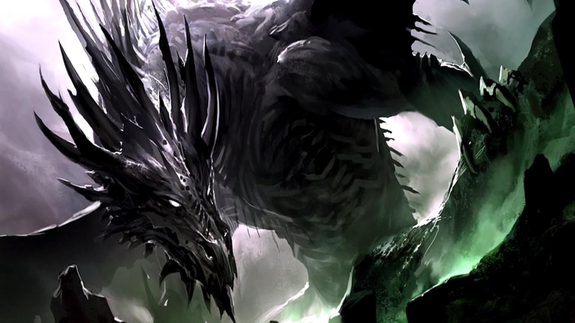  nature, environment, beauty in nature, no people, panoramic, dragon, black, tree, day, fantasy art, cloud - sky, 1080P, motion, close-up, outdoors, HD Wallpaper