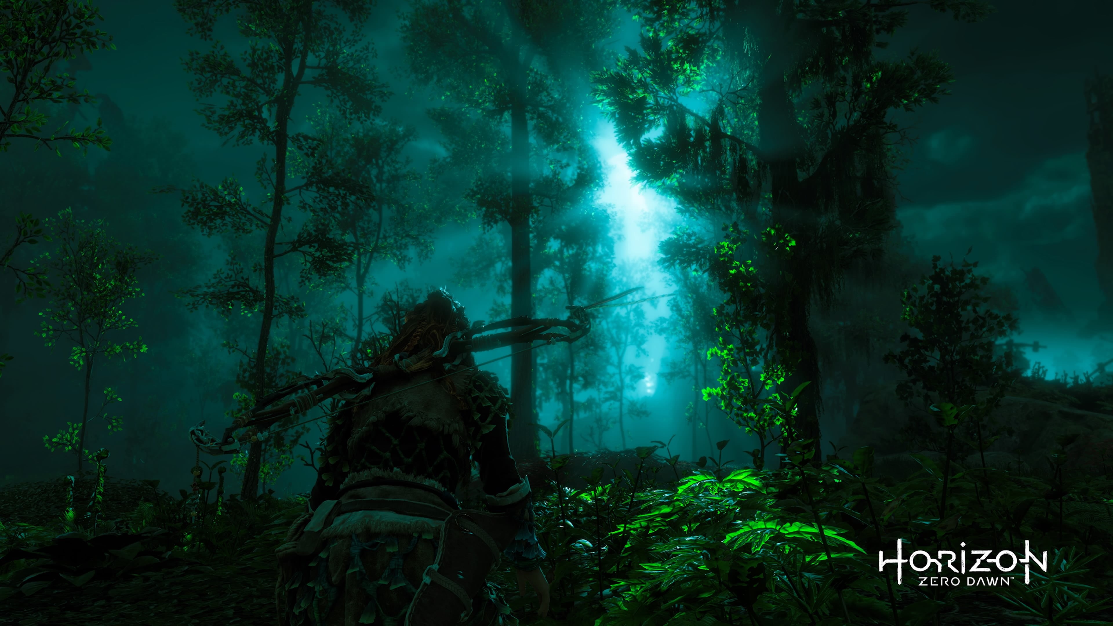 sign, tree, horizon, low angle view, land, tranquility, no people, forest, Horizon: Zero Dawn, trunk, green color, video games, growth, tranquil scene, HD Wallpaper