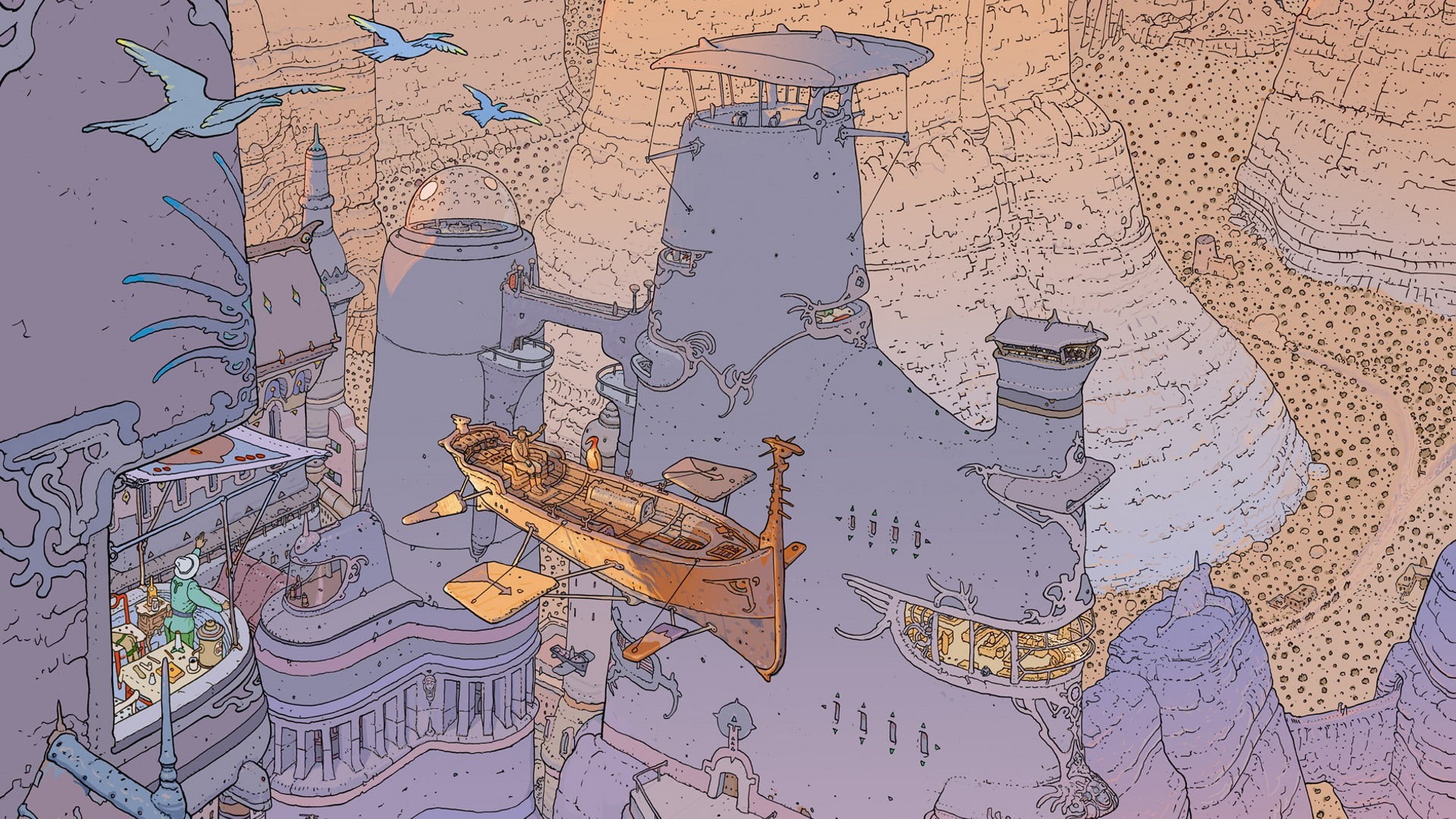 fantasy art, birds, Jean Giraud, brown, sailing, Mœbius, 1080P, architecture, full frame, fantasy city, craft, design, representation, mural, close-up, HD Wallpaper