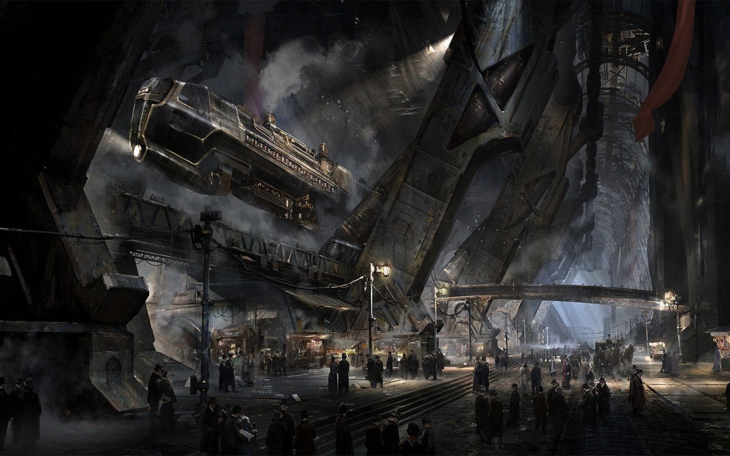 built structure, airships, illuminated, smoke - physical structure, belief, digital art, large group of people, Victorian, dark, inside, real people, building, HD Wallpaper