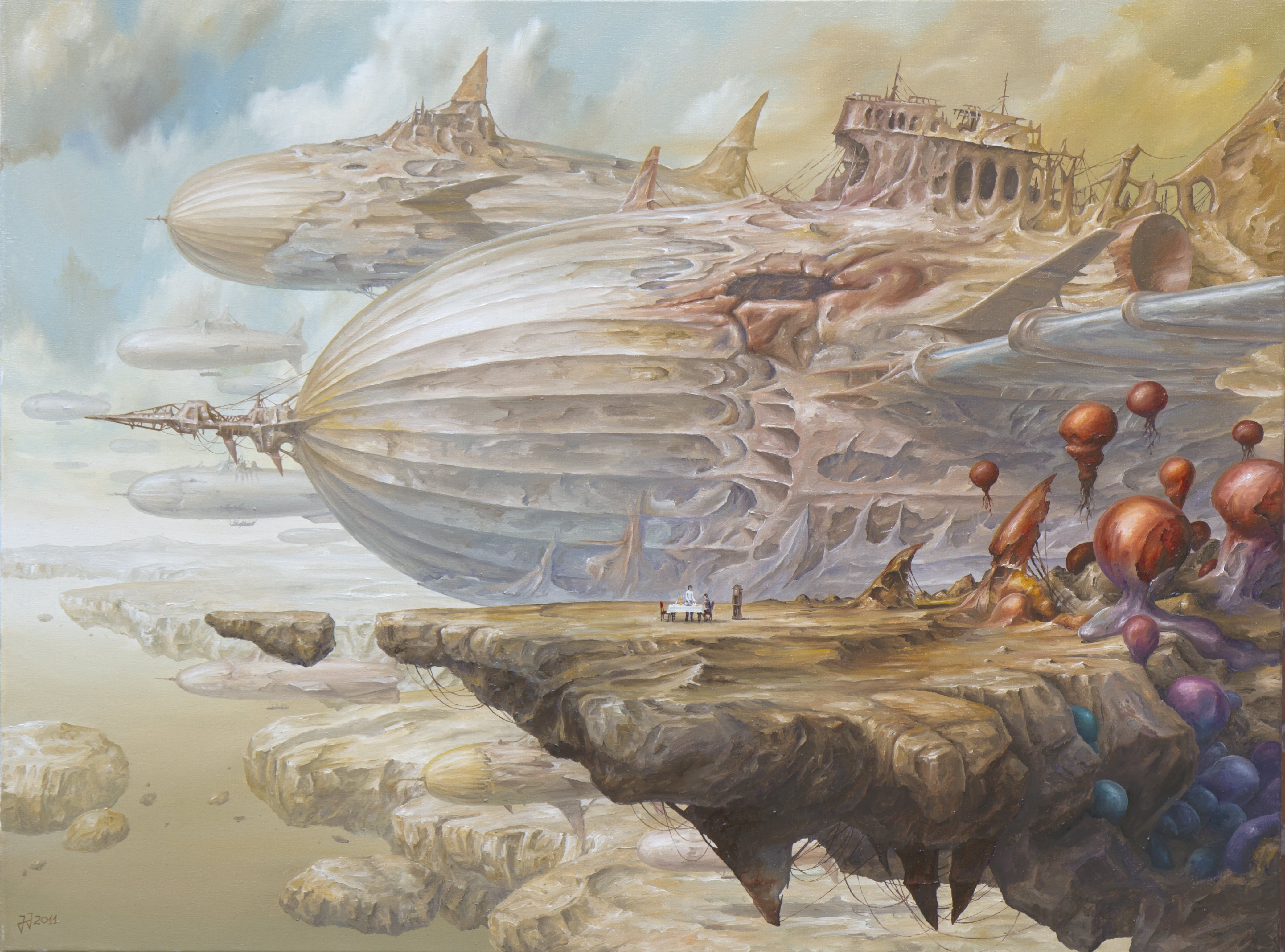 no people, rocks, underwater, dreamscape, 4K, land, dreamy, flying, fantasy ship, rigid airship, swimming, animal themes, close-up, vertebrate, sky, painting, HD Wallpaper