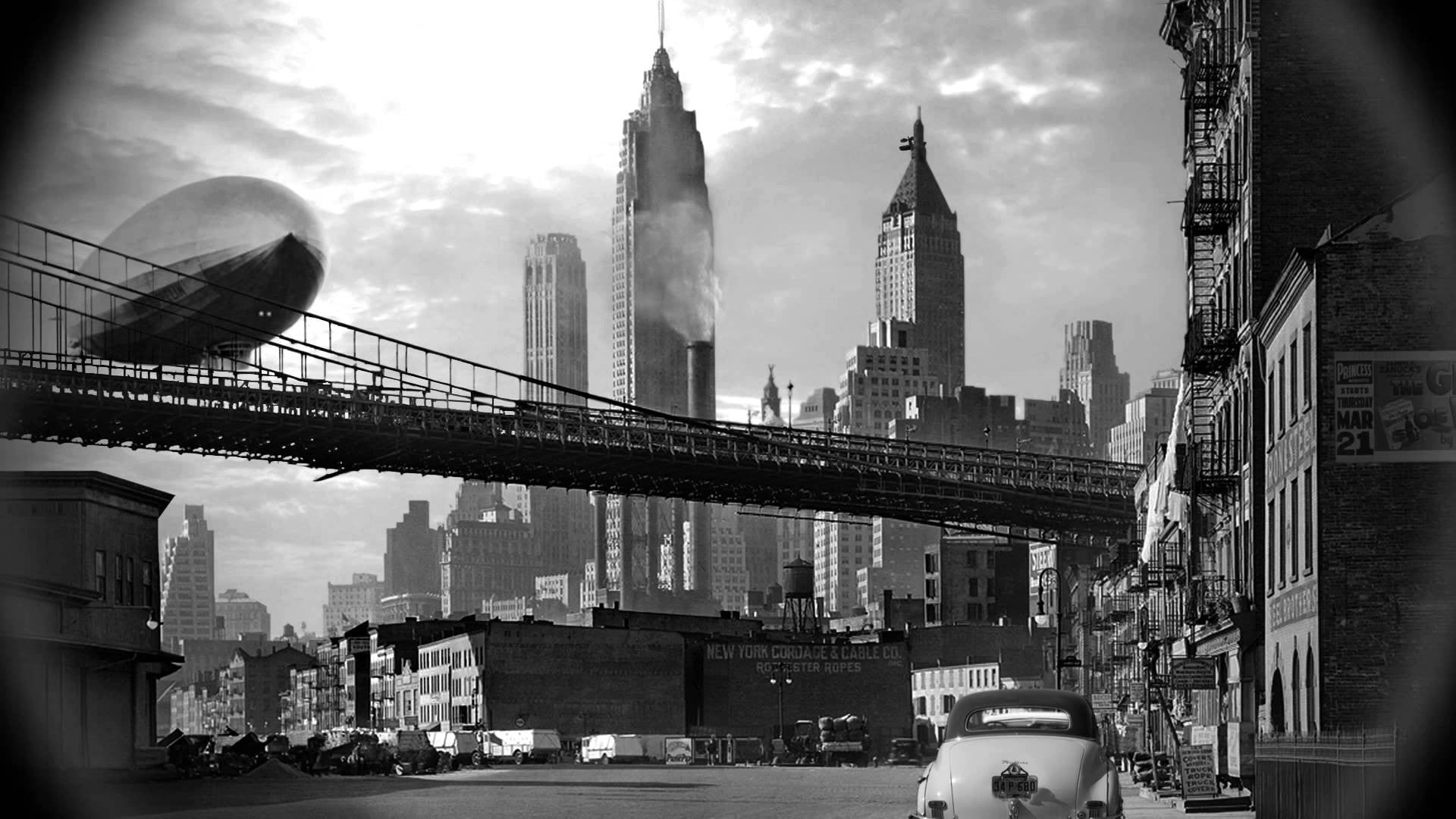 city, office building exterior, motor vehicle, outdoors, built structure, bridge, vintage, sky, airships, financial district, land vehicle, no people, car, HD Wallpaper