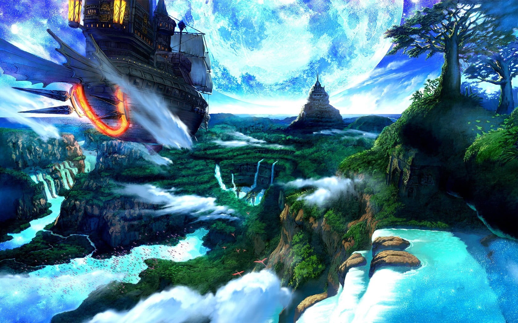 airships, no people, long exposure, sky, waterfall, nature, digital, plant, blurred motion, day, tree, flowing water, cloud - sky, power in nature, 720P, HD Wallpaper