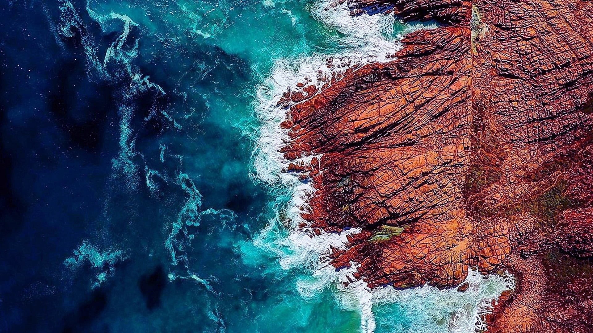 sea, splashing, coastline, backgrounds, turquoise colored, no people, coast, drone view, wave, outdoors, aerial view, power in nature, rock, rough, 1080P, HD Wallpaper