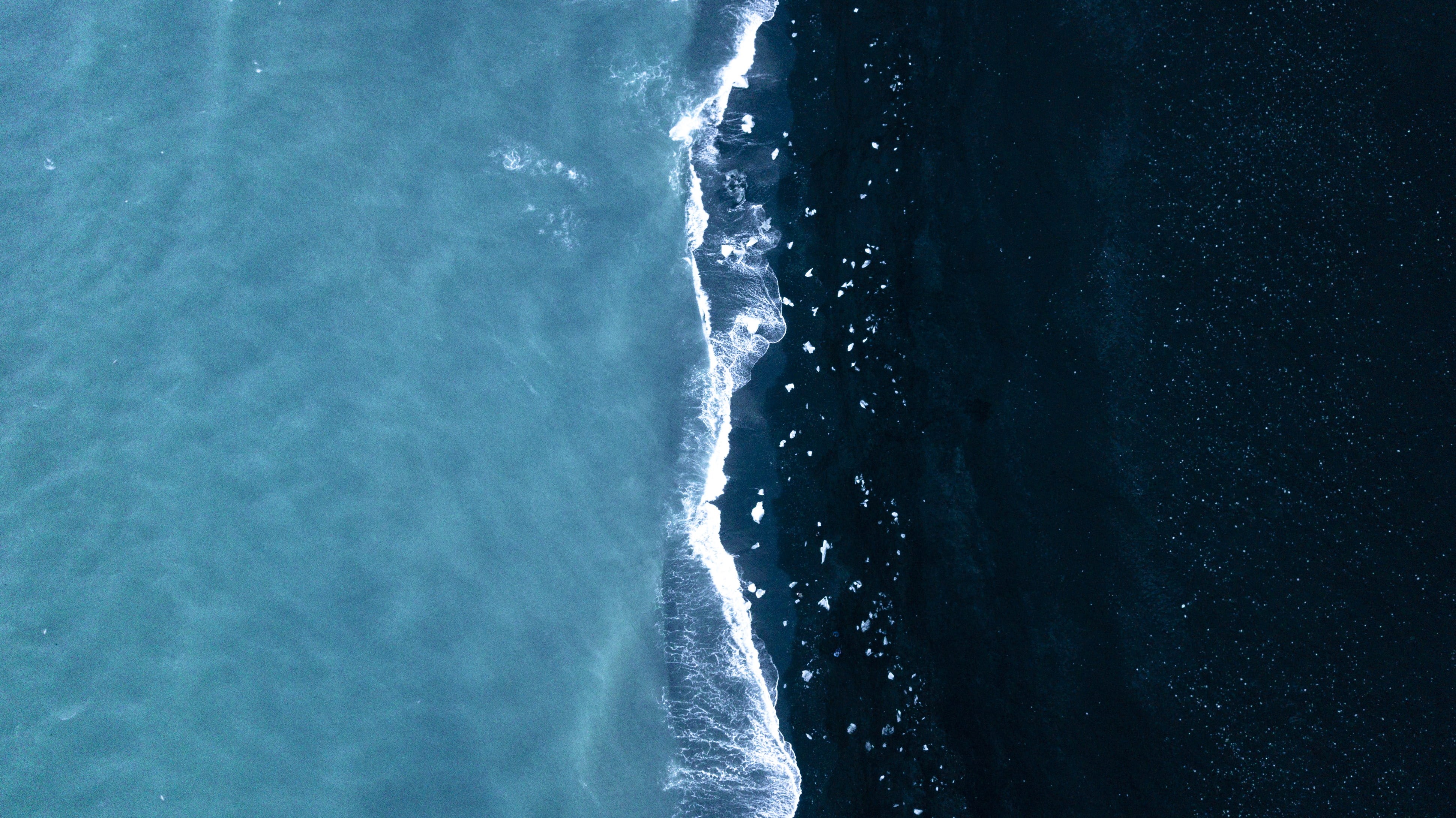 breaking, view, outdoors, drone, splashing, from above, ocean, no people, nature, landscape, ice, lagoon, aquatic sport, black beach, motion, day, glacier, HD Wallpaper