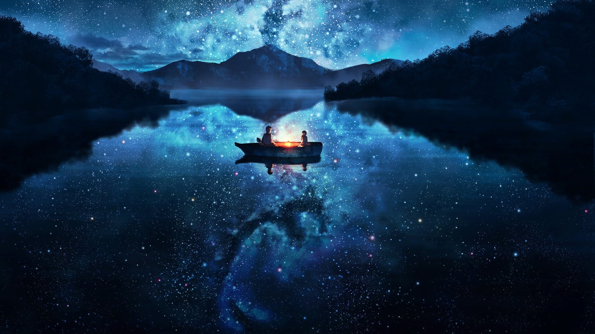lamp, power in nature, fantasy, person, reflection, beauty In Nature, men, mountain, two, mountains, night, star - Space, mystery, heat - temperature, astronomy, HD Wallpaper